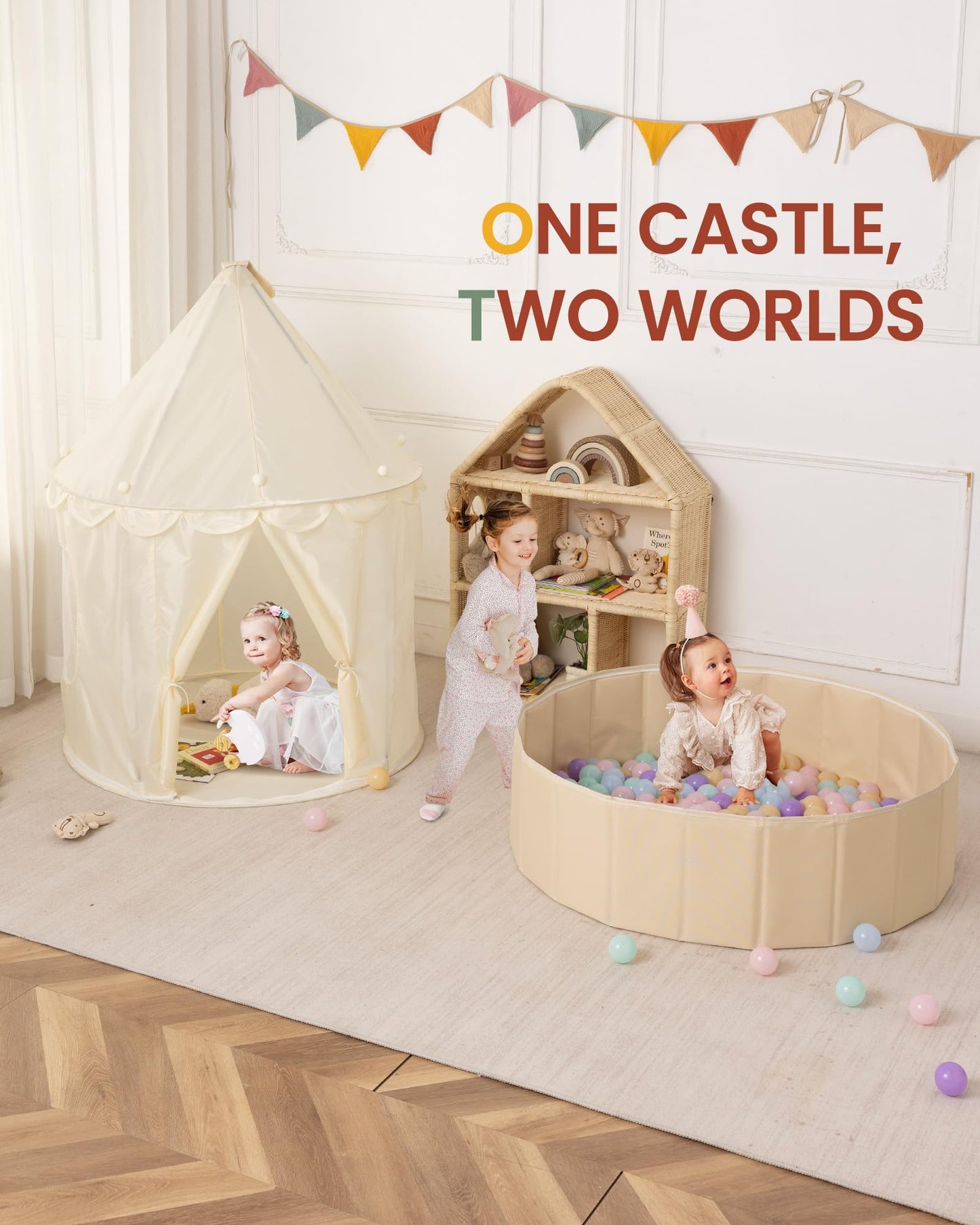 Hikiddy 3-in-1 Play Tent with Ball Pit – Foldable Beige Playhouse with Star Lights