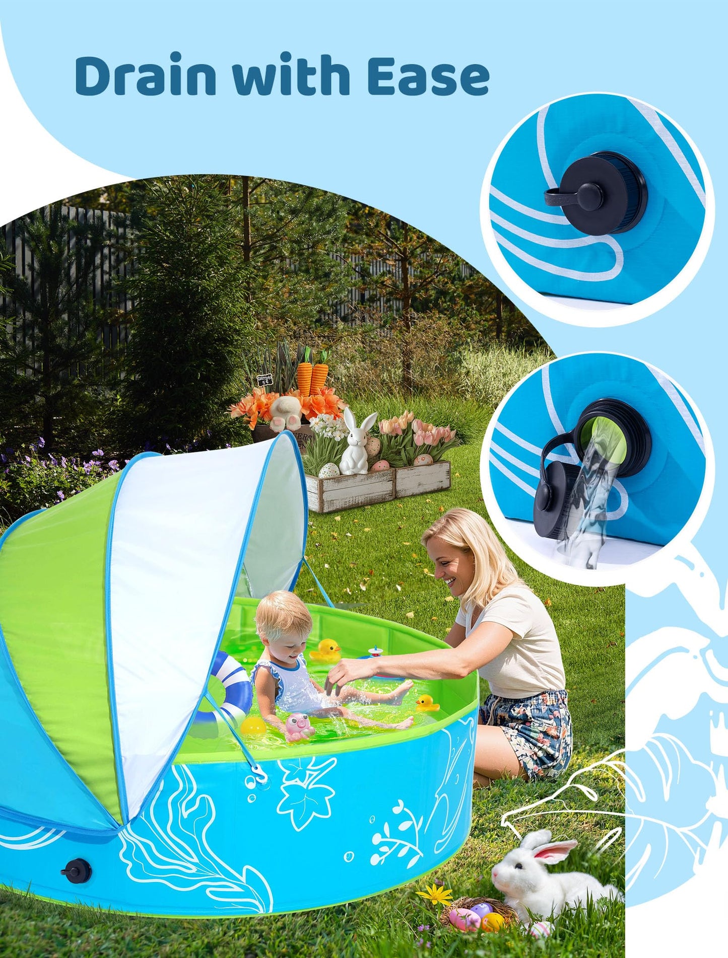 Hikiddy Foldable Kiddie Pool with Canopy — 47in Blue-Green Sun Shade Pool for Kids