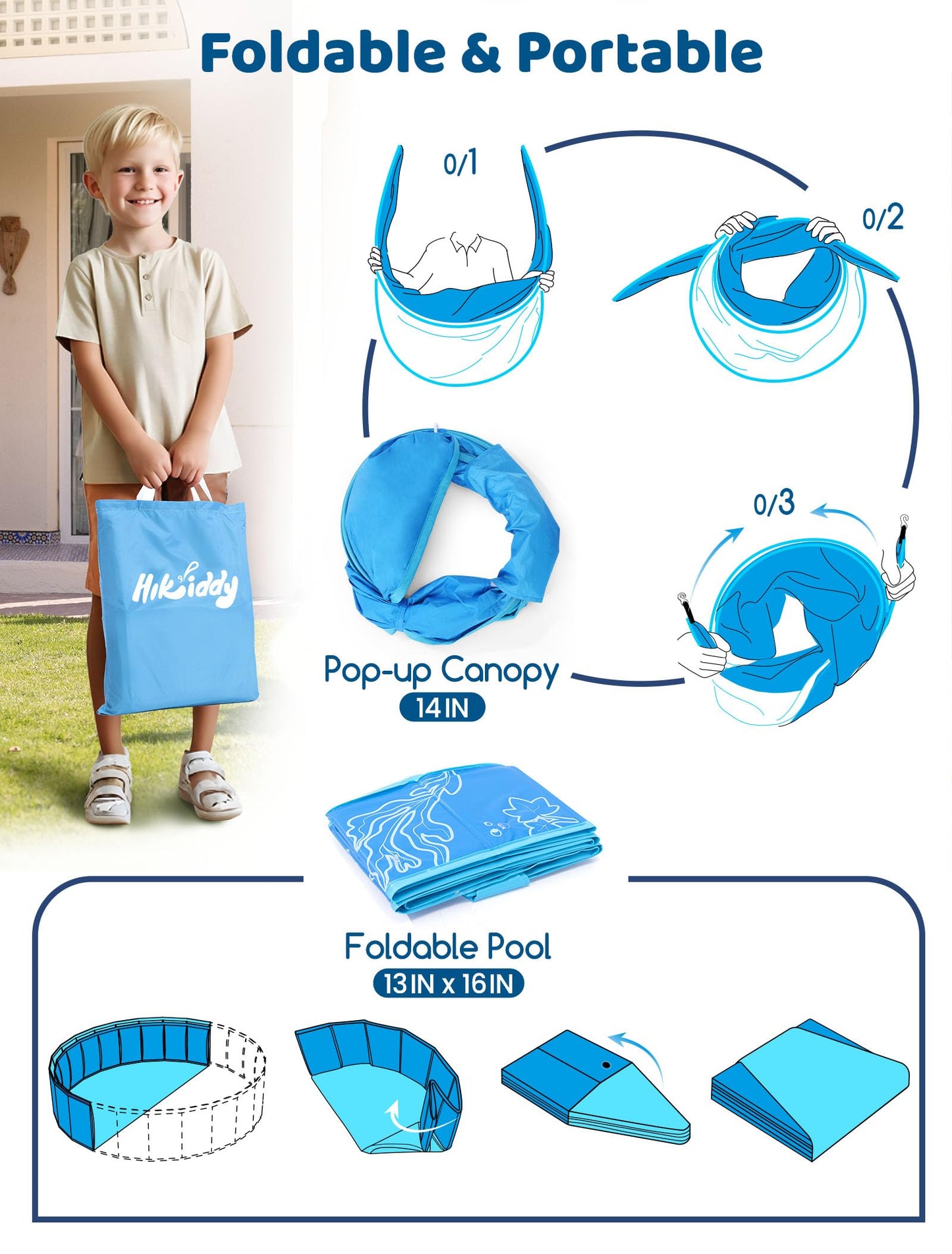 Hikiddy Foldable Kiddie Pool with Canopy — 47-Inch Portable Pool for Toddlers & Kids (Blue-Blue)