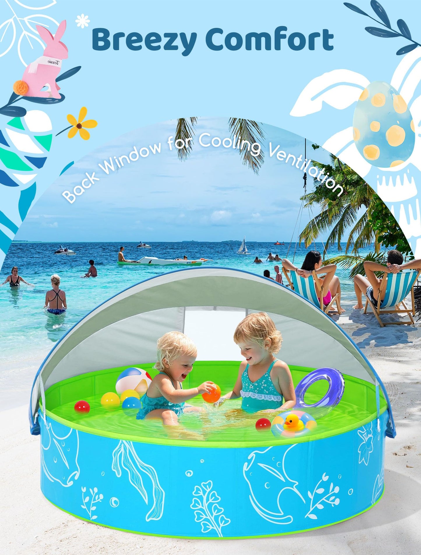 Hikiddy Foldable Kiddie Pool with Canopy — 47in Blue-Green Sun Shade Pool for Kids