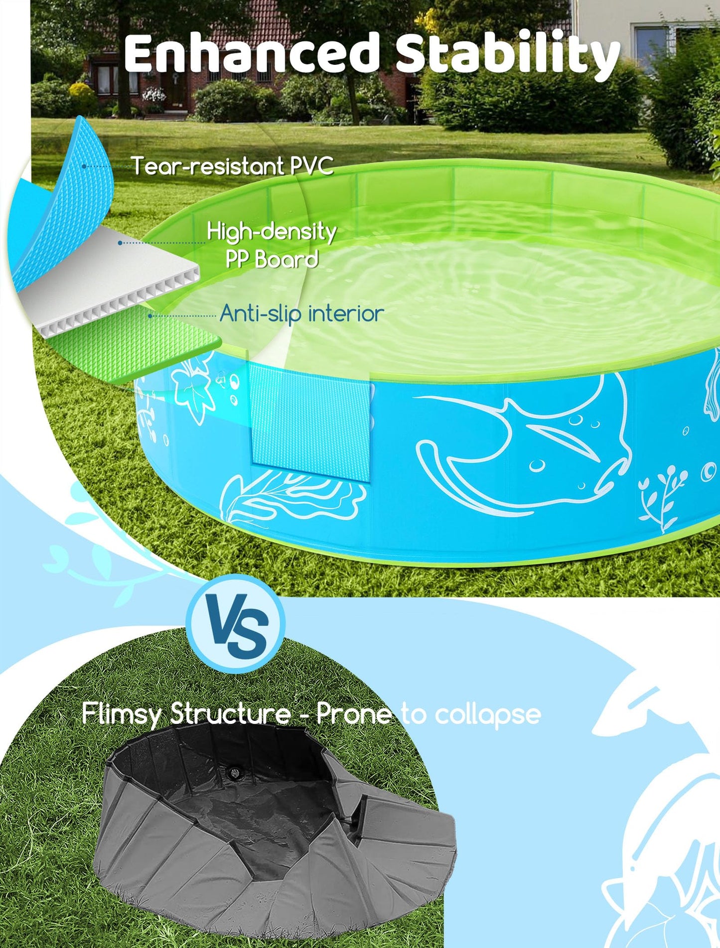Hikiddy Foldable Kiddie Pool with Canopy — 47in Blue-Green Sun Shade Pool for Kids
