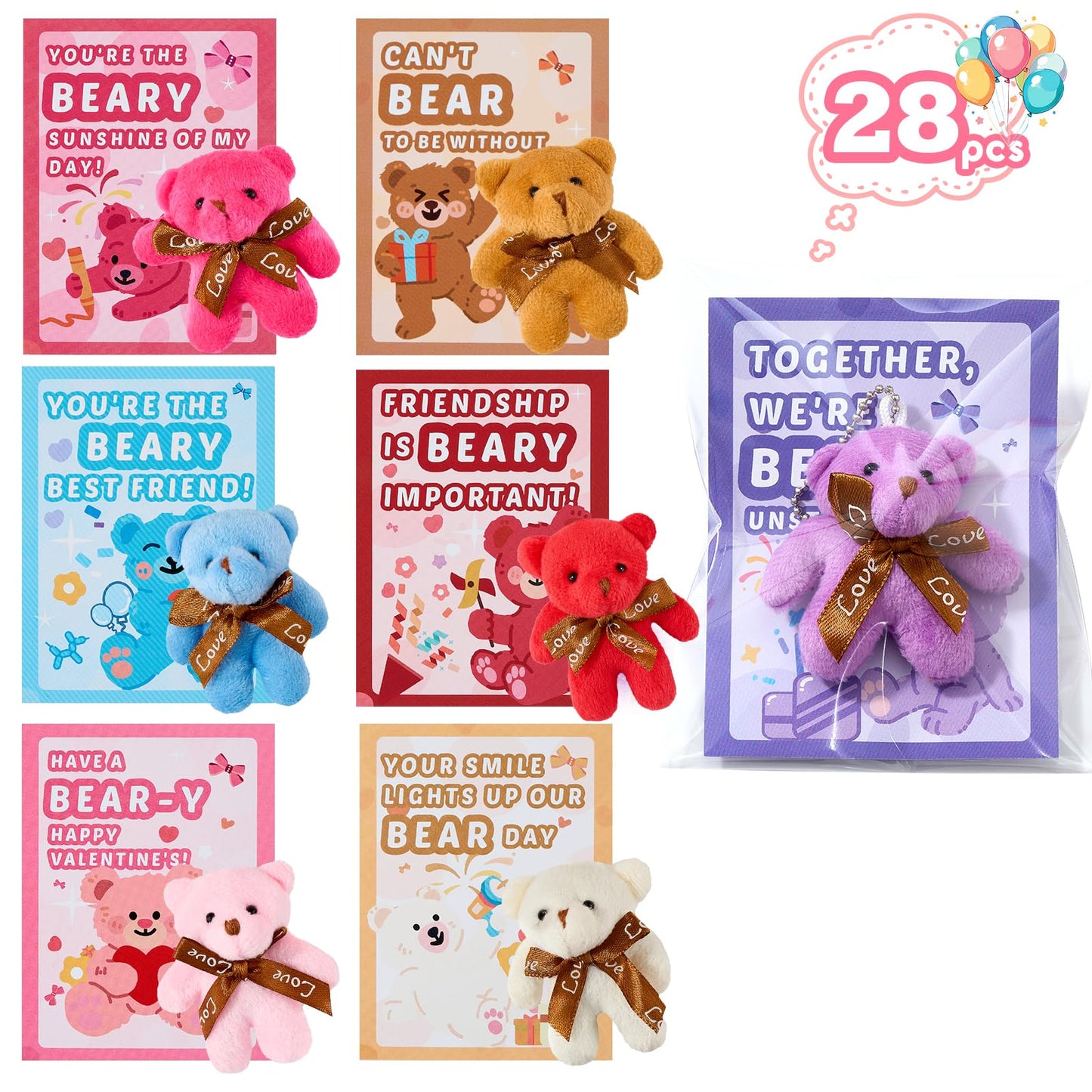 HIKISS 28-Pack Valentine Cards with Mini Plush Bears – Classroom Gifts & Party Favors