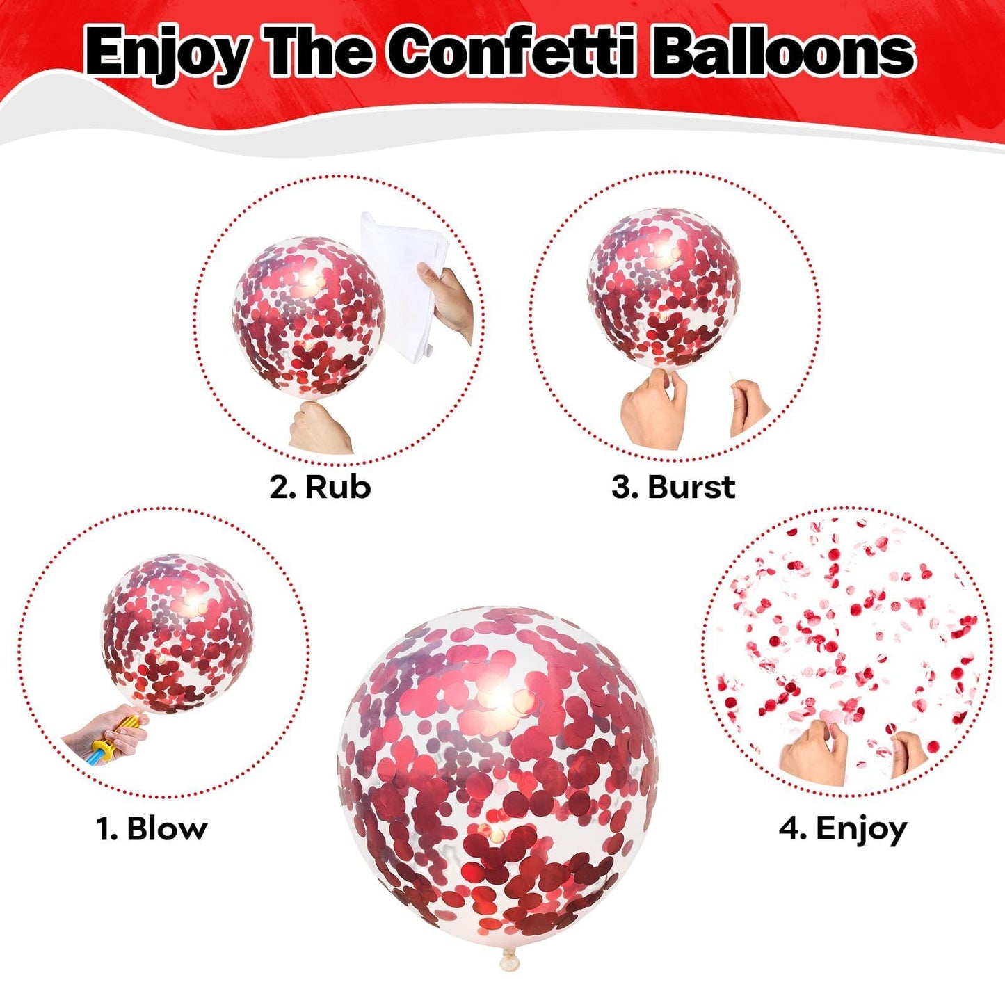 Hilavo Red Balloons Set – 35pcs, 12-inch, Metallic & Confetti for Weddings & Parties