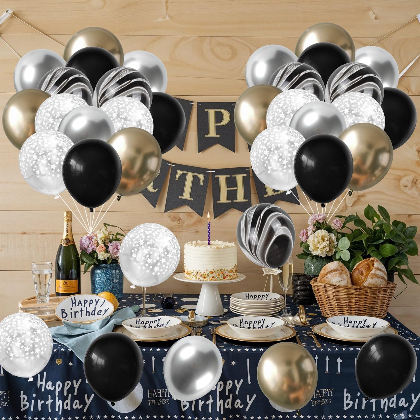 Hilavo Black Gold Silver Balloon Set – 12in Latex Balloons with Marble Black, Chrome Gold, Silver & Clear Star Print