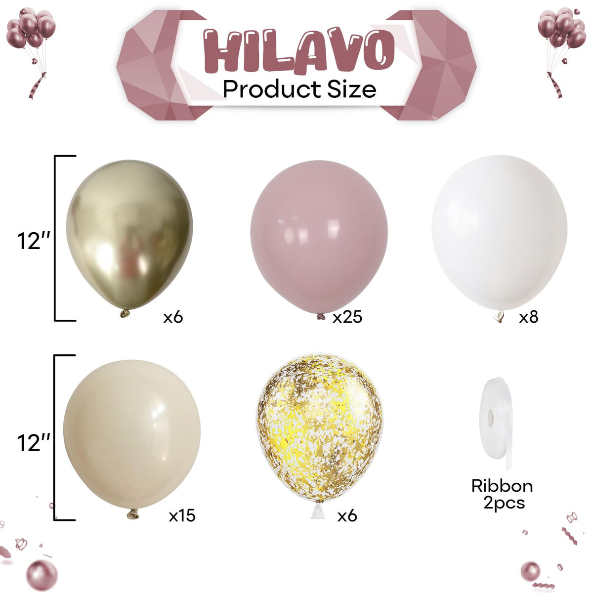 HILAVO Dusty Pink & Gold Balloons Set – 60pc Boho Latex Party Decor
