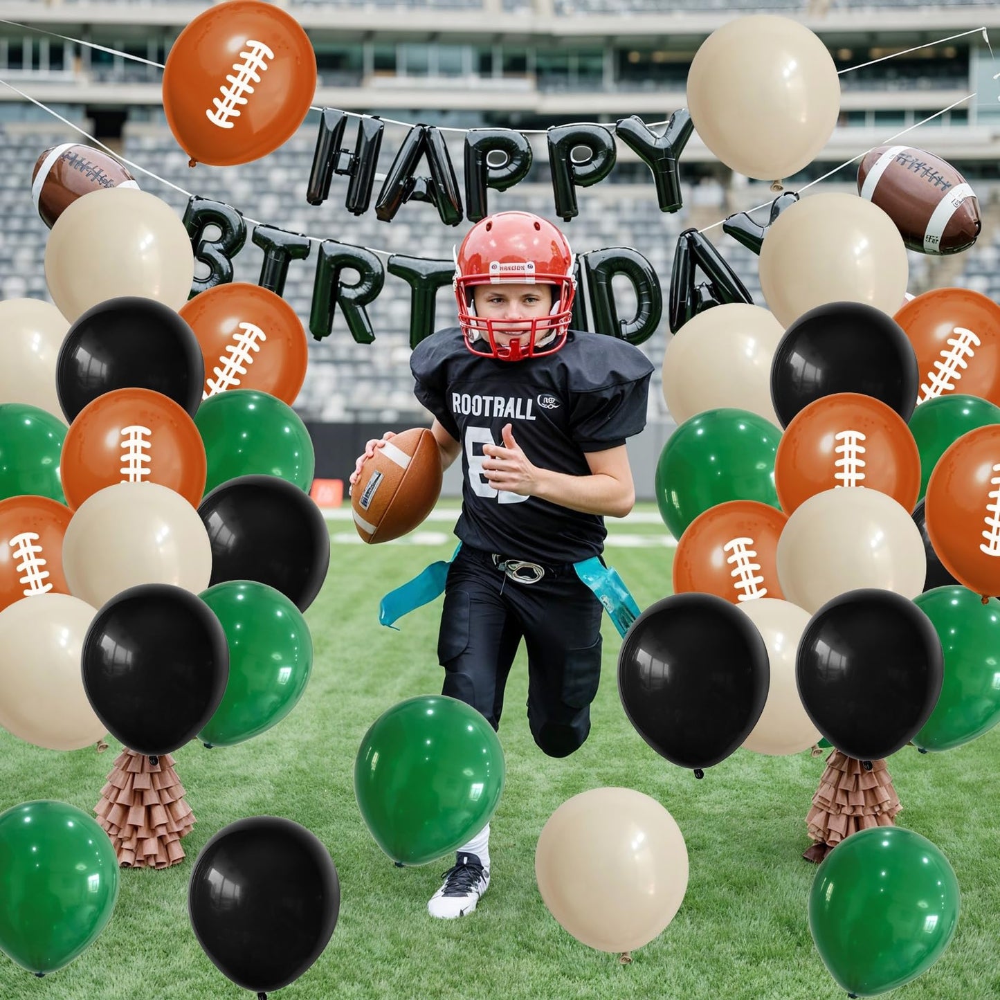HILAVO Football Balloons - 12in Latex Party Balloons in Dark Green, Black, White Sand with Orange Print