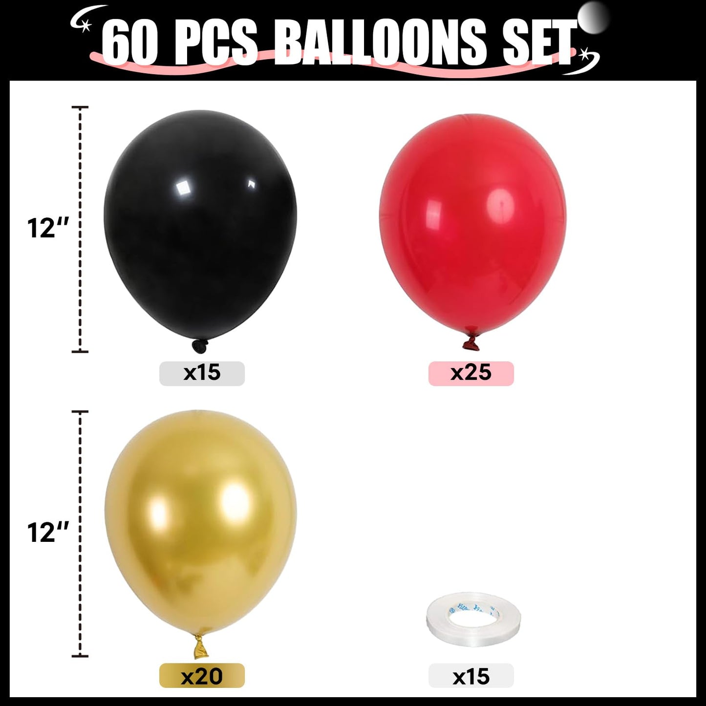 HILAVO 60-Piece Red, Black & Gold Balloons – 12" Casino Theme Party Decorations