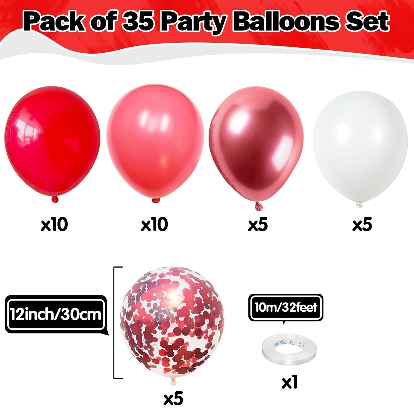 Hilavo Red Balloons Set – 35pcs, 12-inch, Metallic & Confetti for Weddings & Parties