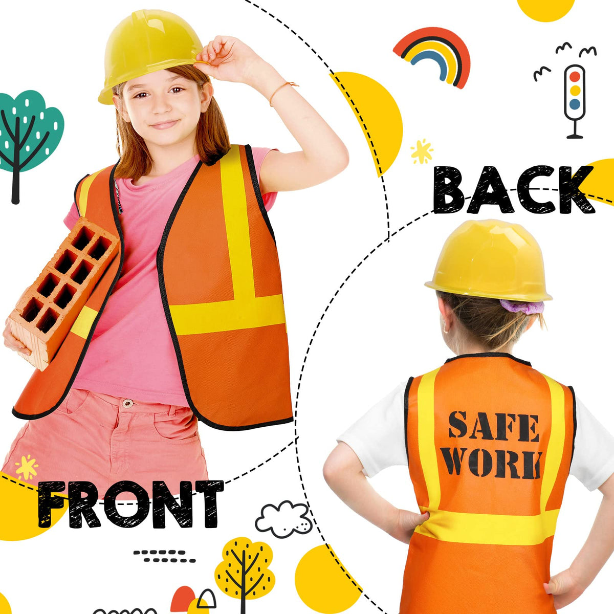 Hillban 48 Pcs Kids Construction Costume Set – Hats & Vests for Party & Role Play