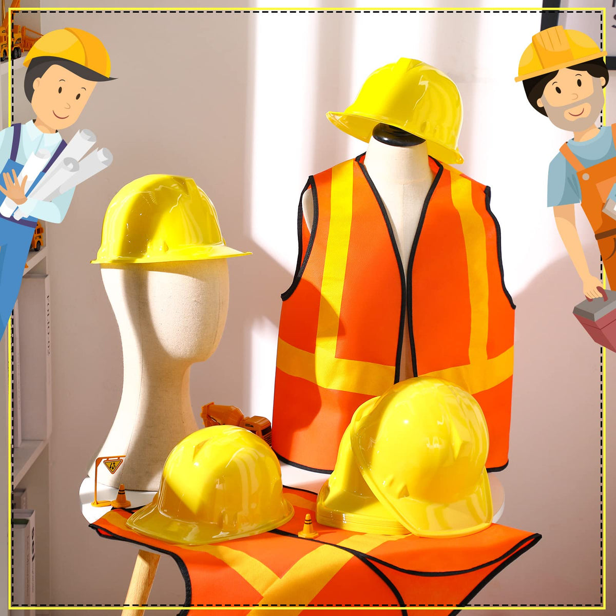 Hillban 48 Pcs Kids Construction Costume Set – Hats & Vests for Party & Role Play