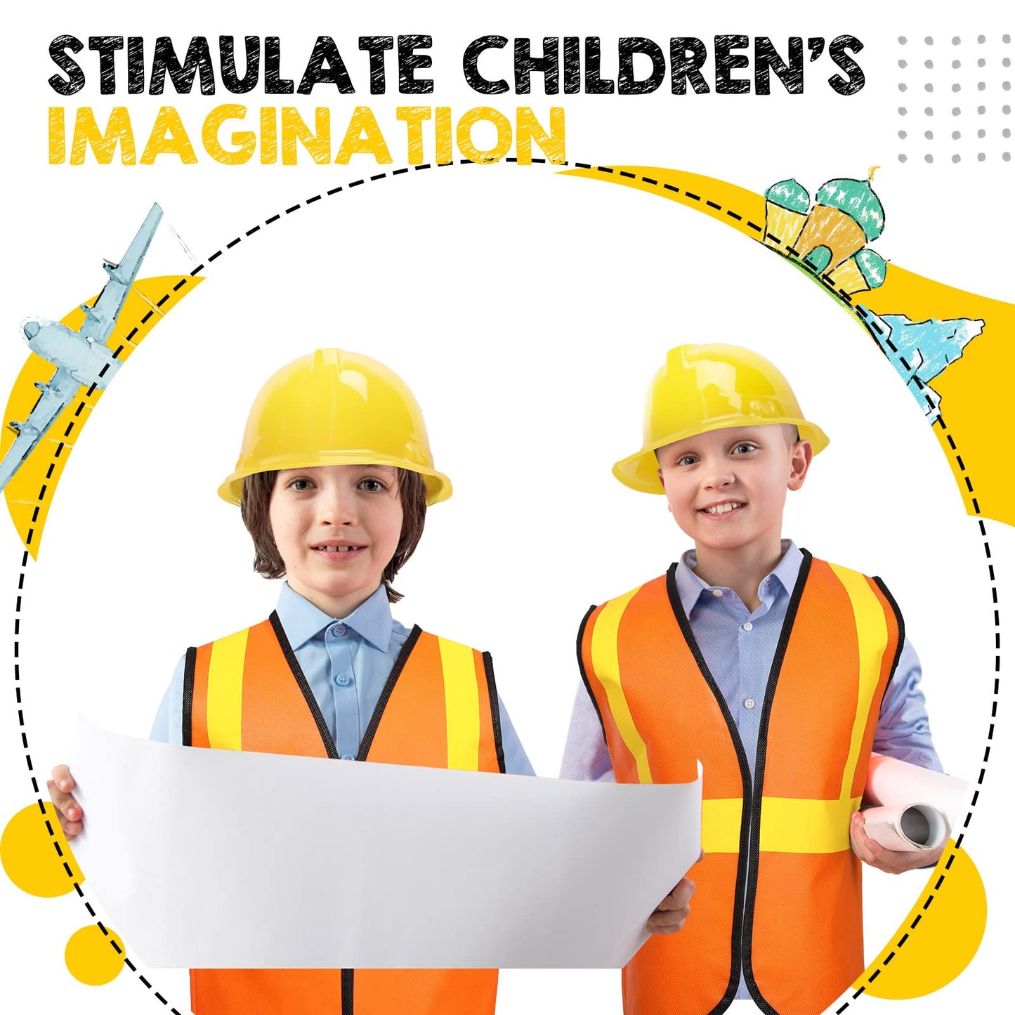 Hillban 48 Pcs Kids Construction Costume Set – Hats & Vests for Party & Role Play