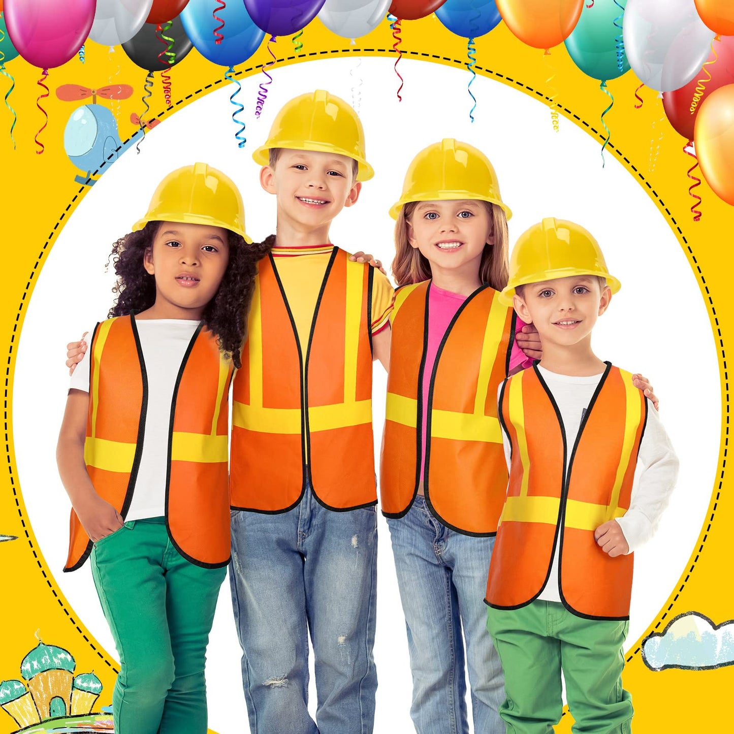 Hillban 48 Pcs Kids Construction Costume Set – Hats & Vests for Party & Role Play