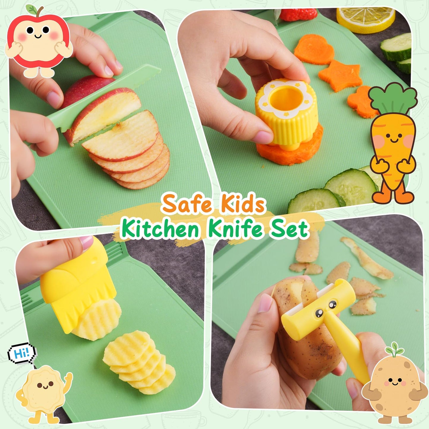 Hilsoeet Kids Kitchen Knife Set with Storage Box – Safe Montessori Toy for Ages 3-8 (Green)