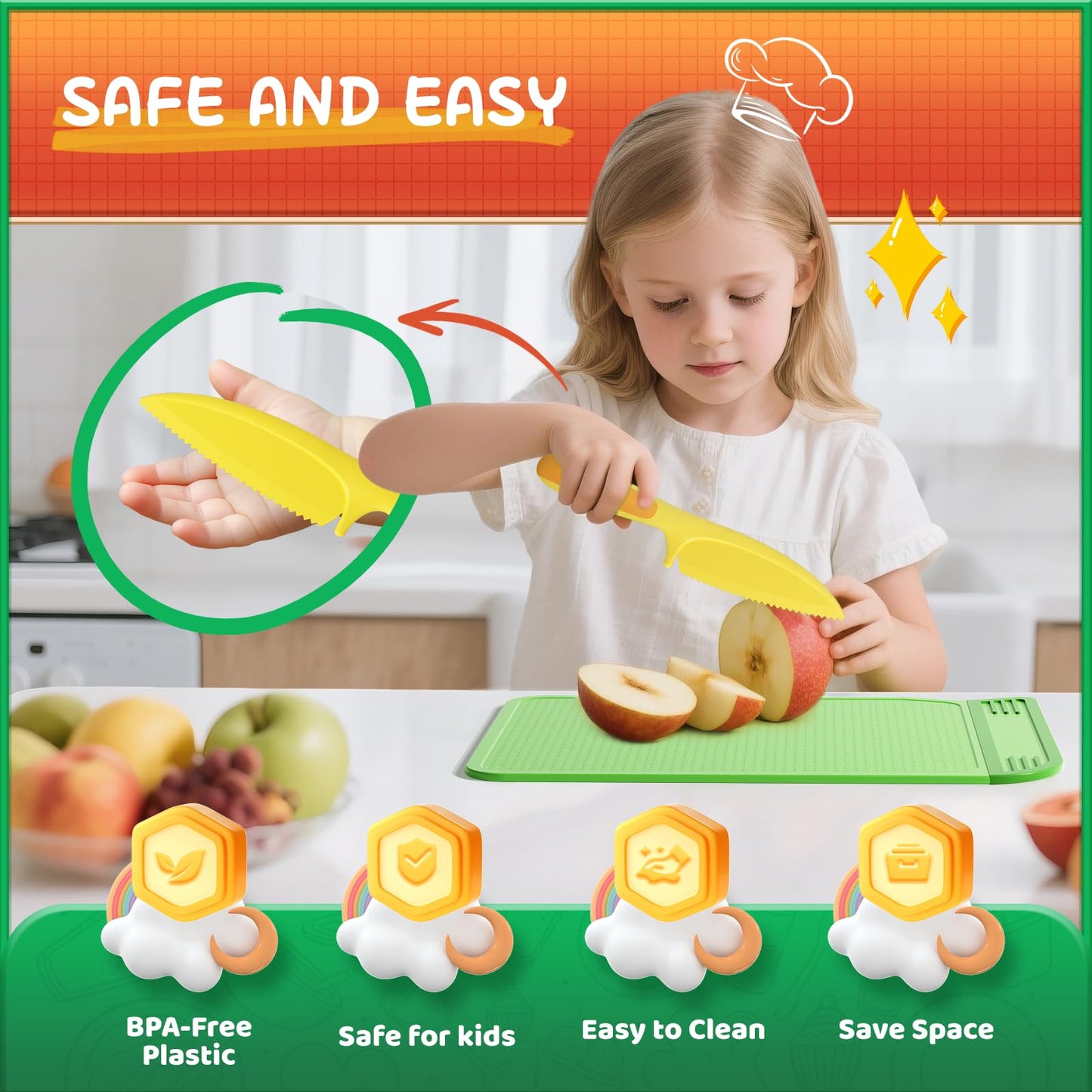Hilsoeet Kids Kitchen Knife Set with Storage Box – Safe Montessori Toy for Ages 3-8 (Green)