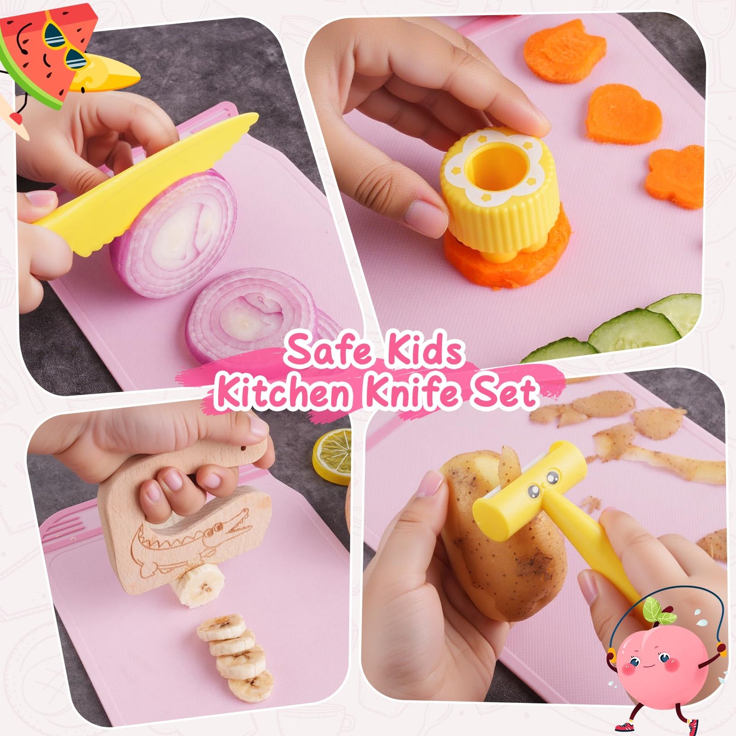 Hilsoeet Kids Kitchen Knife Set – Pink Storage Box | Safe Montessori Toy for Ages 3–8