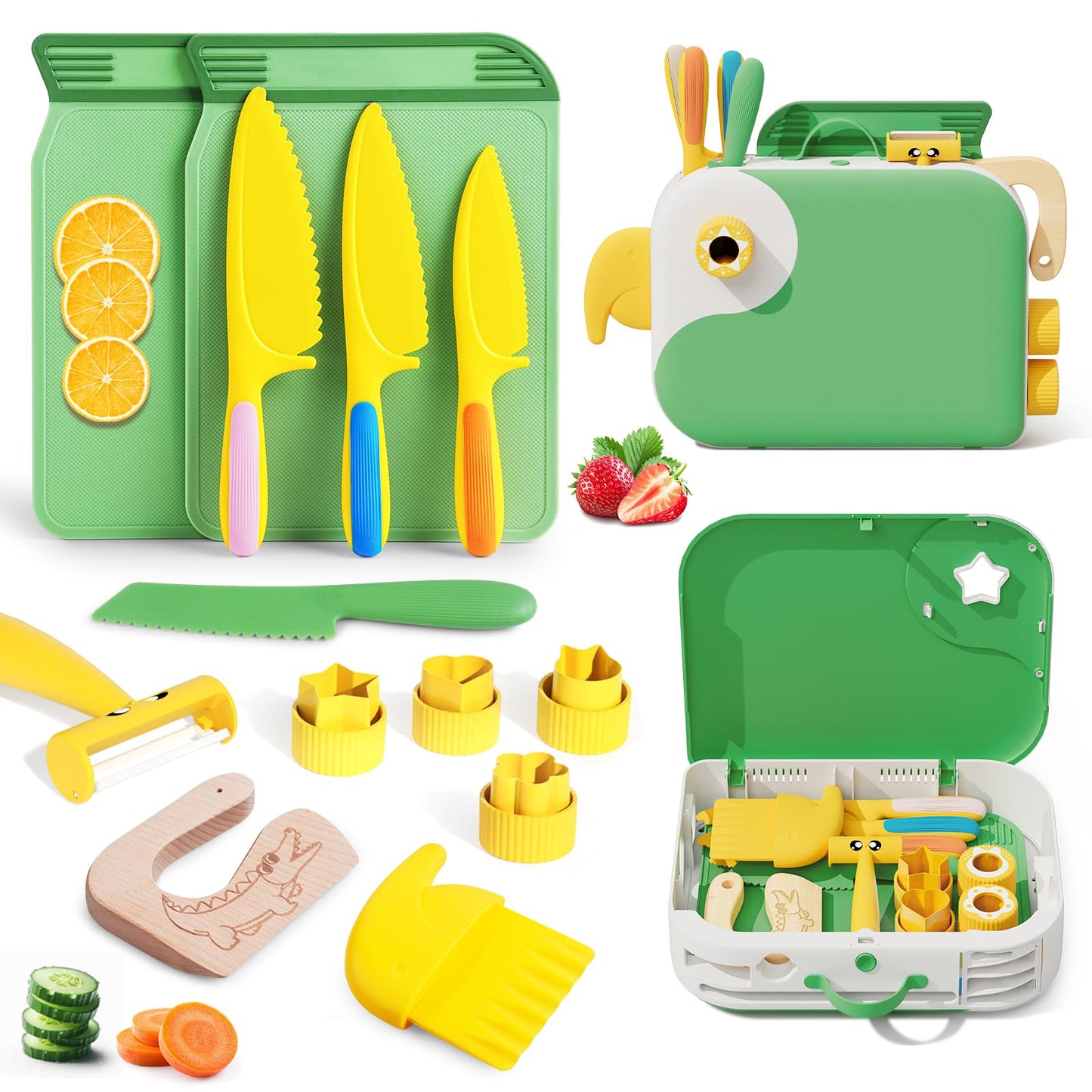 Hilsoeet Kids Kitchen Knife Set with Storage Box – Safe Montessori Toy for Ages 3-8 (Green)
