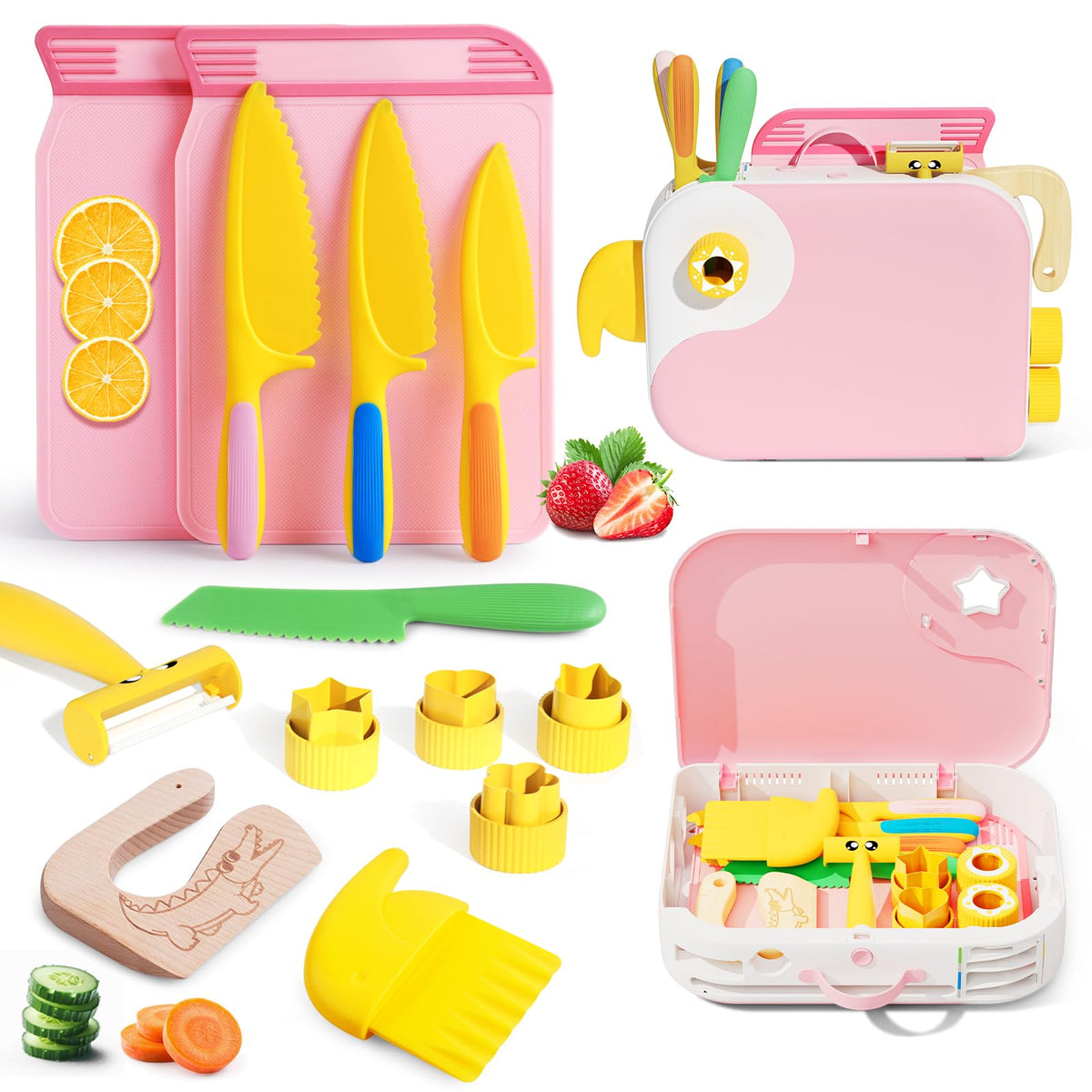 Hilsoeet Kids Kitchen Knife Set – Pink Storage Box | Safe Montessori Toy for Ages 3–8