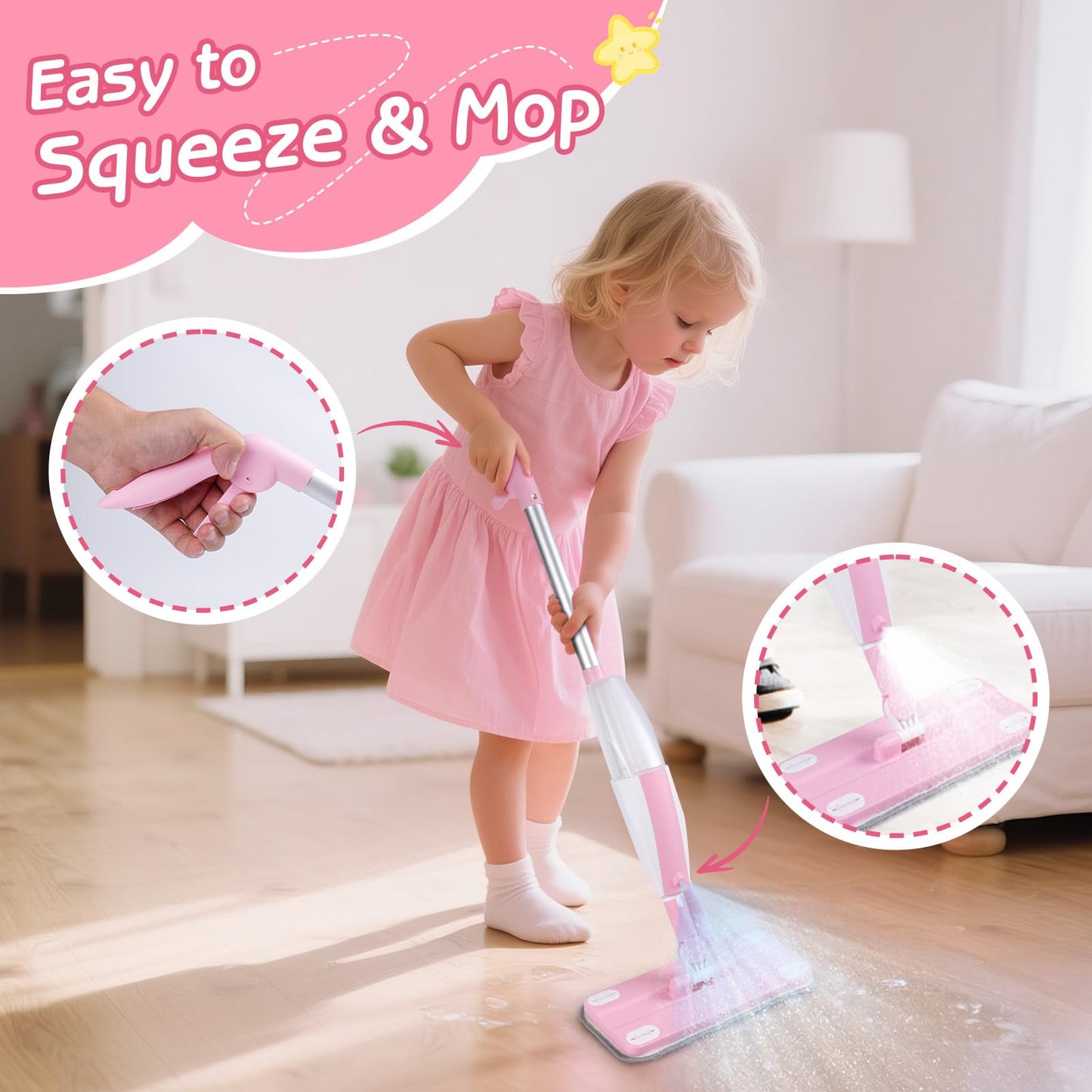 Hilsoeet Kids Spray Mop Pink — Real Water-Spraying Toy for Toddlers