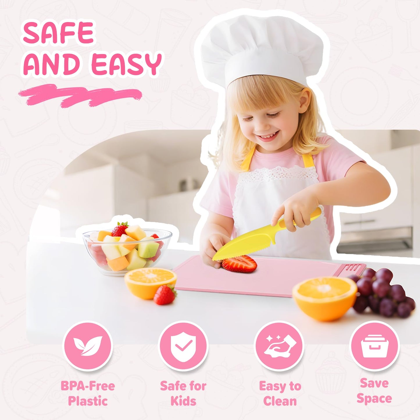 Hilsoeet Kids Kitchen Knife Set – Pink Storage Box | Safe Montessori Toy for Ages 3–8