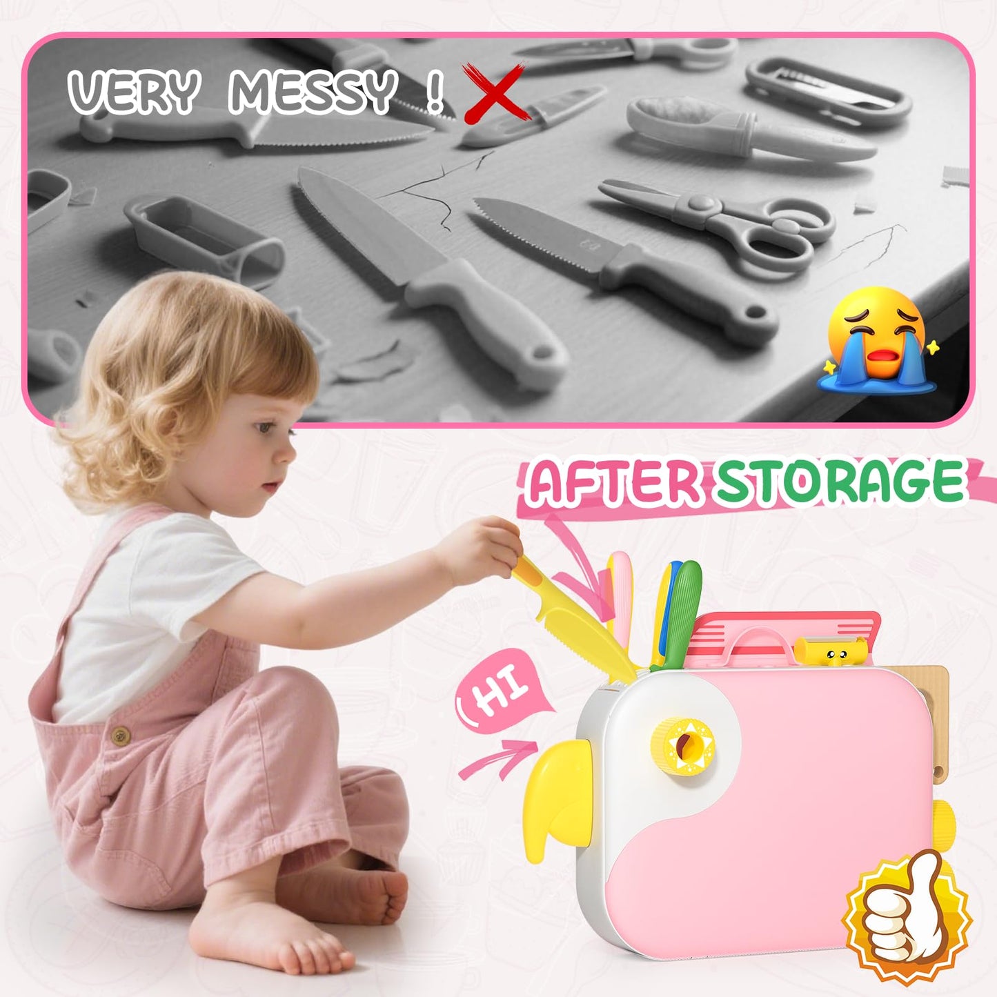 Hilsoeet Kids Kitchen Knife Set – Pink Storage Box | Safe Montessori Toy for Ages 3–8