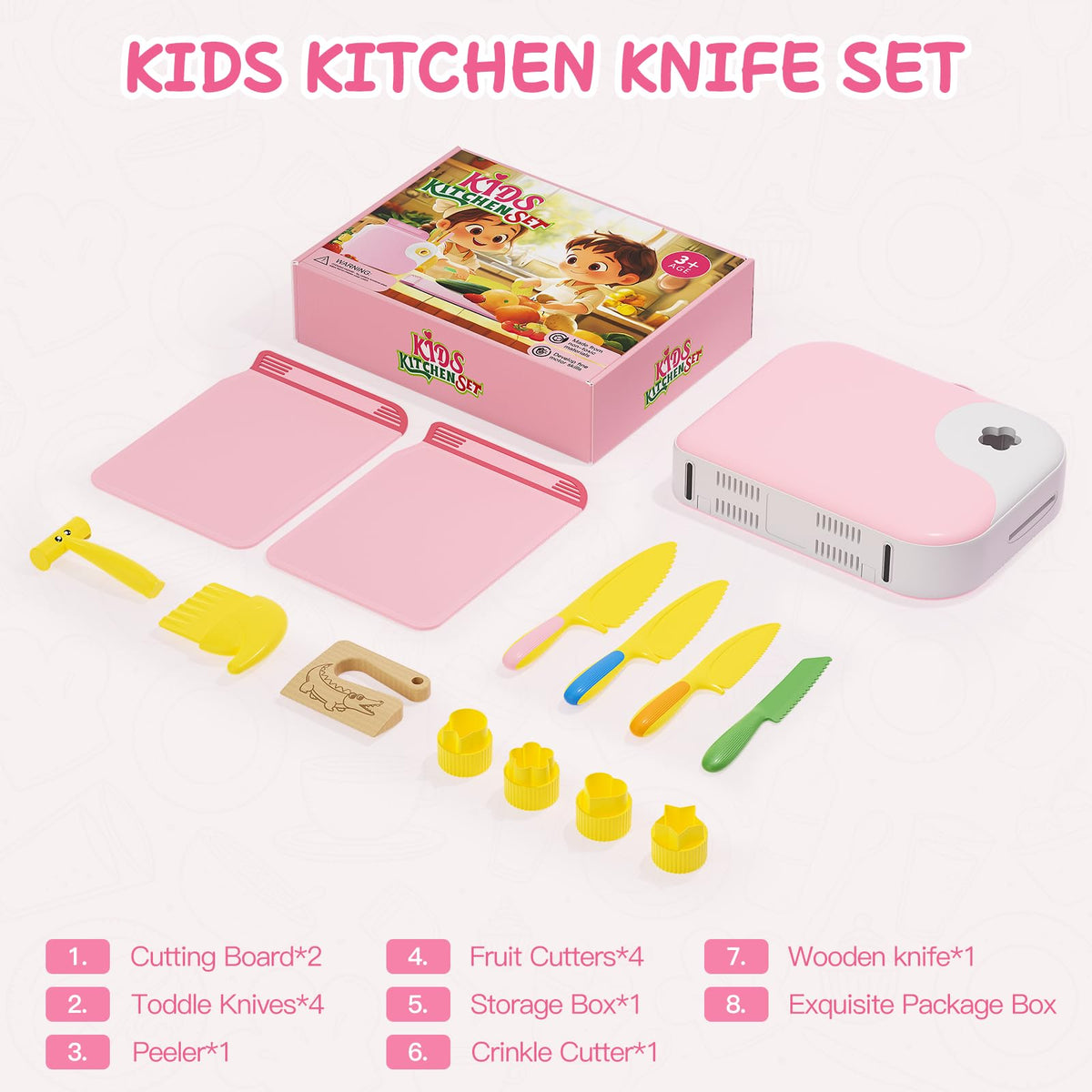 Hilsoeet Kids Kitchen Knife Set – Pink Storage Box | Safe Montessori Toy for Ages 3–8