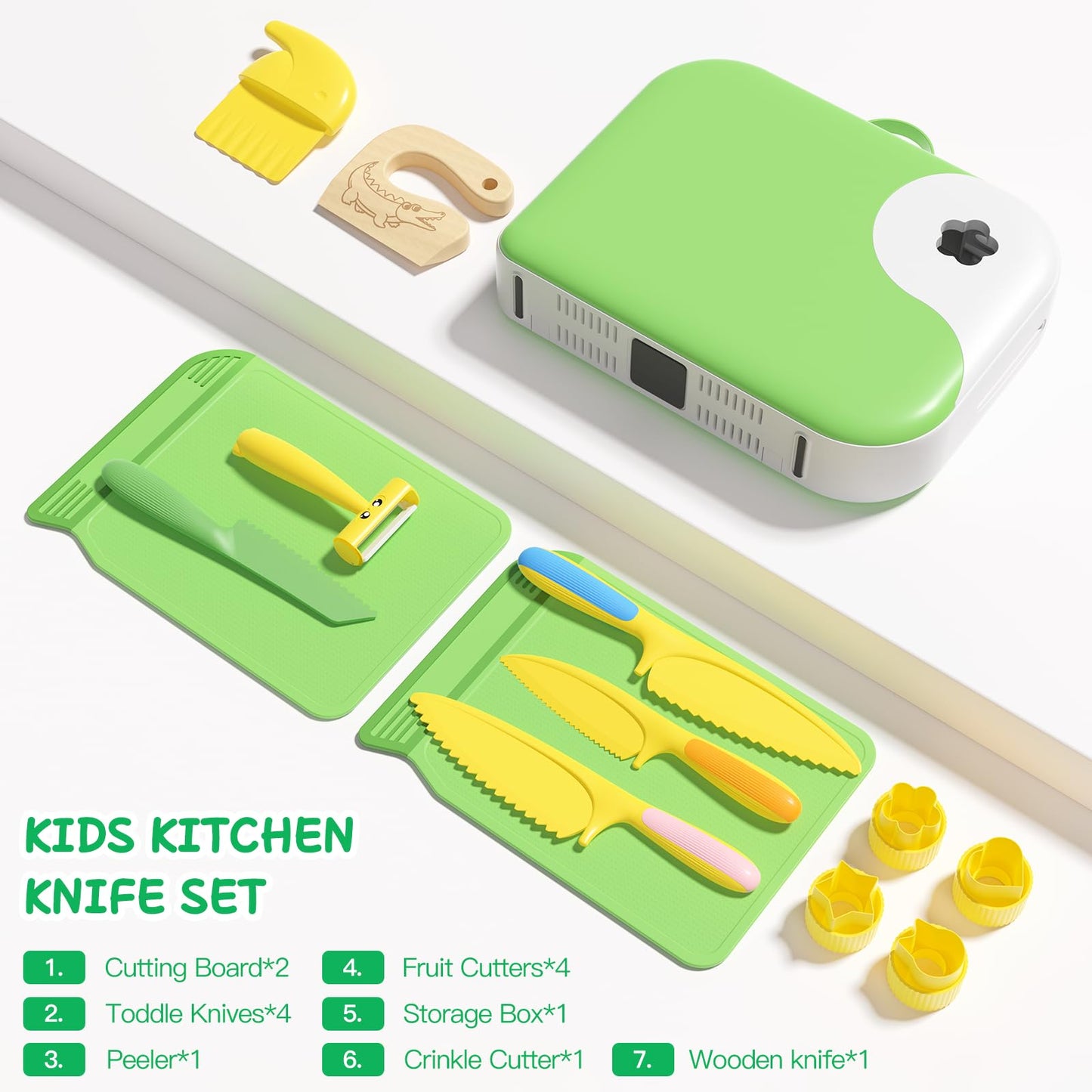 Hilsoeet Kids Kitchen Knife Set with Storage Box – Safe Montessori Toy for Ages 3-8 (Green)