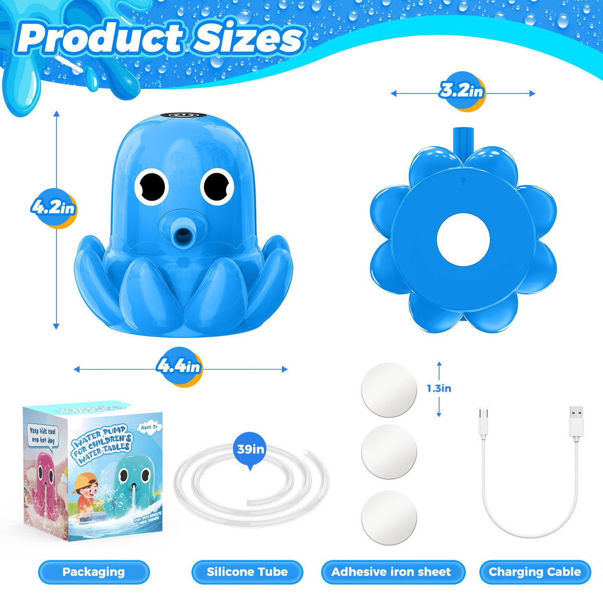Hinastar Water Table Pump Octopus – Cordless, Magnetic Mount, USB-C Rechargeable (Blue)