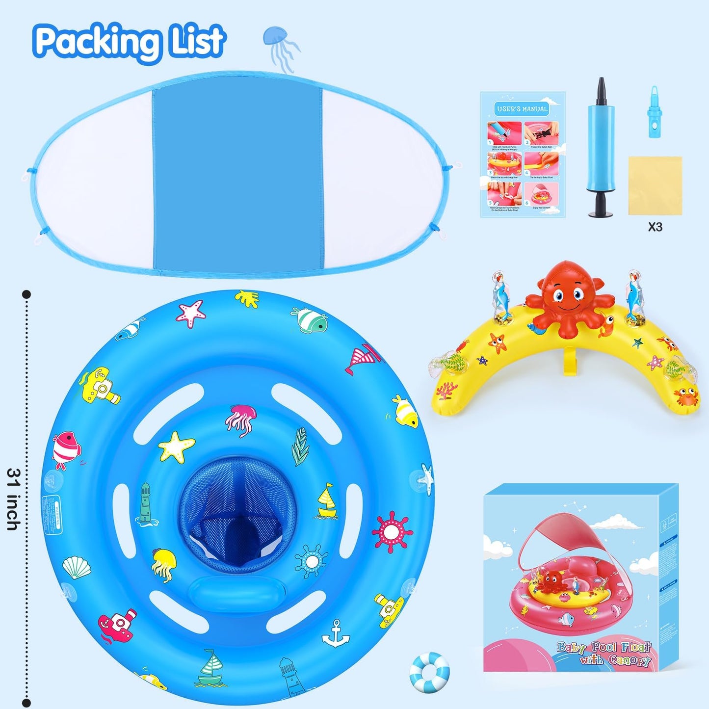 HINZER Baby Pool Float with Canopy – UPF50+ Sun Protection for 6-36 Months | Adjustable Safety Seat & Toy Console