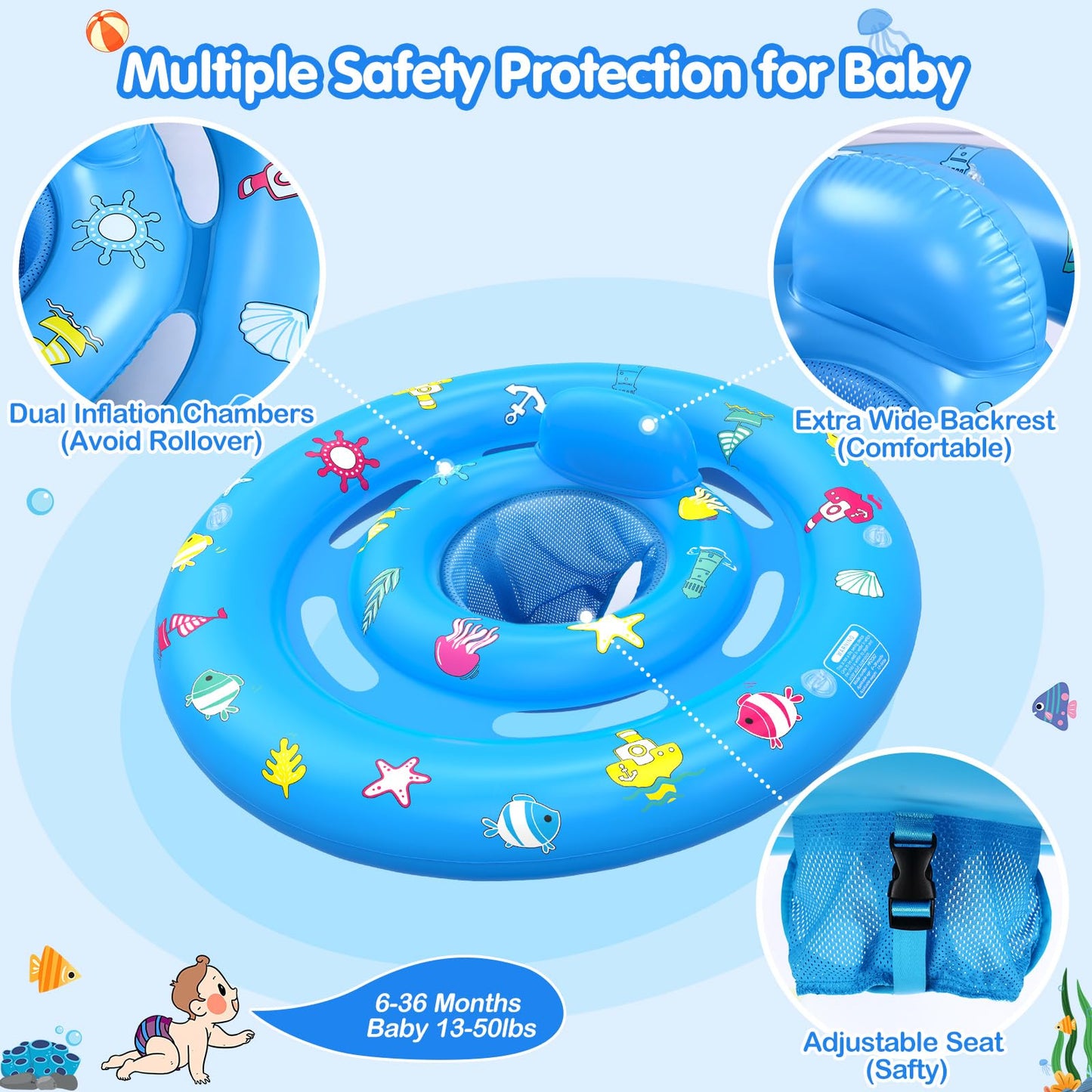 HINZER Baby Pool Float with Canopy – UPF50+ Sun Protection for 6-36 Months | Adjustable Safety Seat & Toy Console