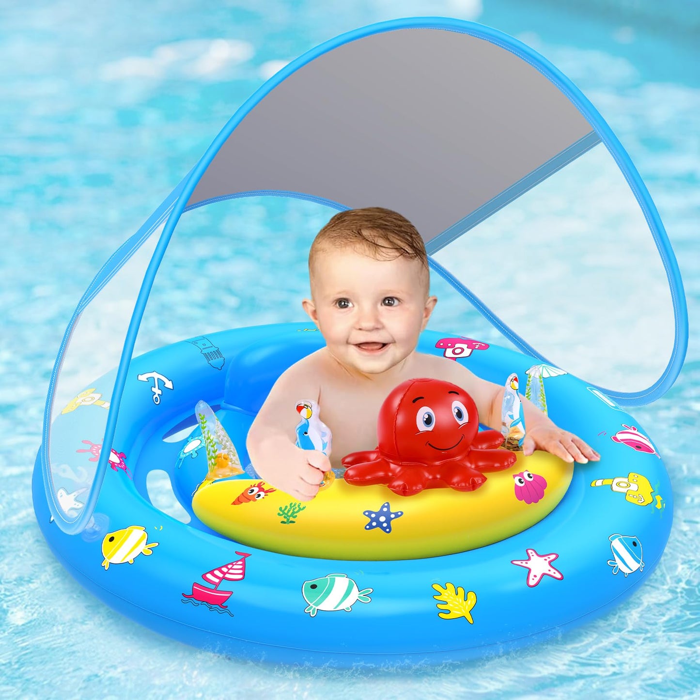 HINZER Baby Pool Float with Canopy – UPF50+ Sun Protection for 6-36 Months | Adjustable Safety Seat & Toy Console