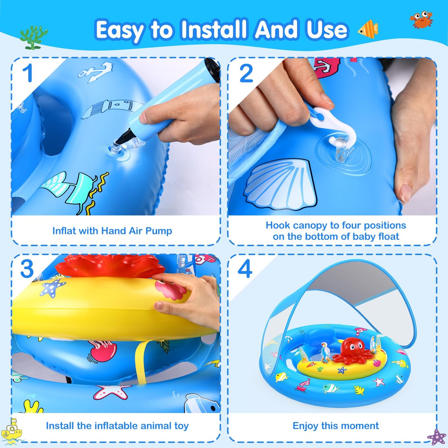 HINZER Baby Pool Float with Canopy – UPF50+ Sun Protection for 6-36 Months | Adjustable Safety Seat & Toy Console