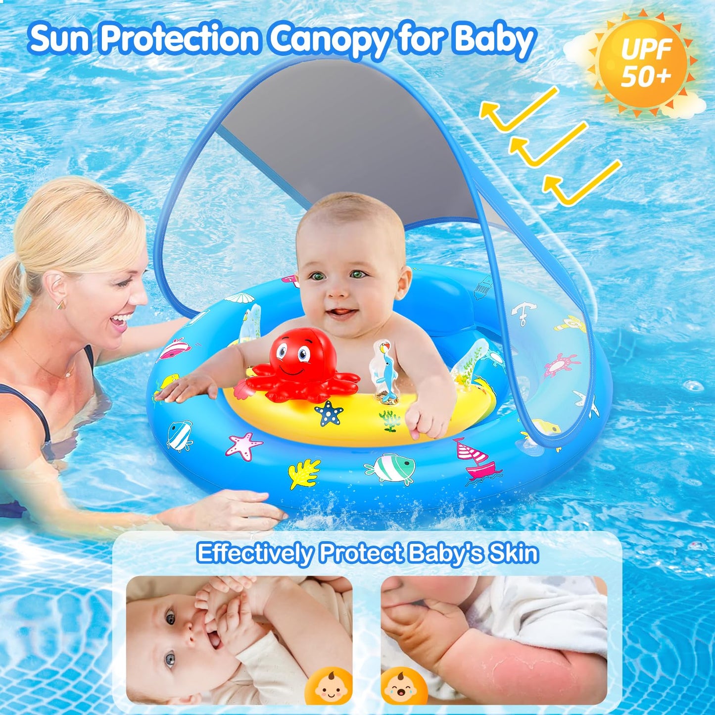 HINZER Baby Pool Float with Canopy – UPF50+ Sun Protection for 6-36 Months | Adjustable Safety Seat & Toy Console