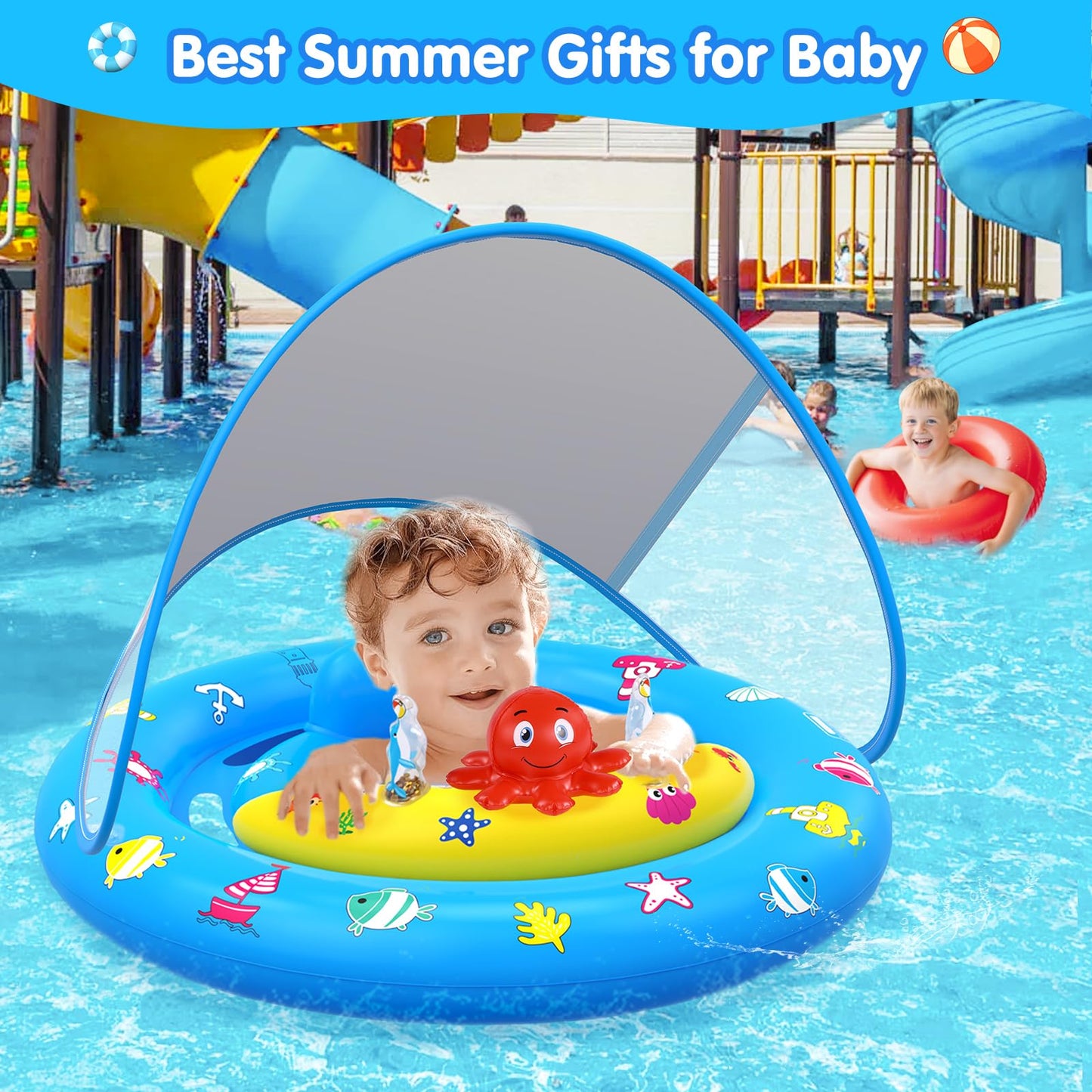 HINZER Baby Pool Float with Canopy – UPF50+ Sun Protection for 6-36 Months | Adjustable Safety Seat & Toy Console