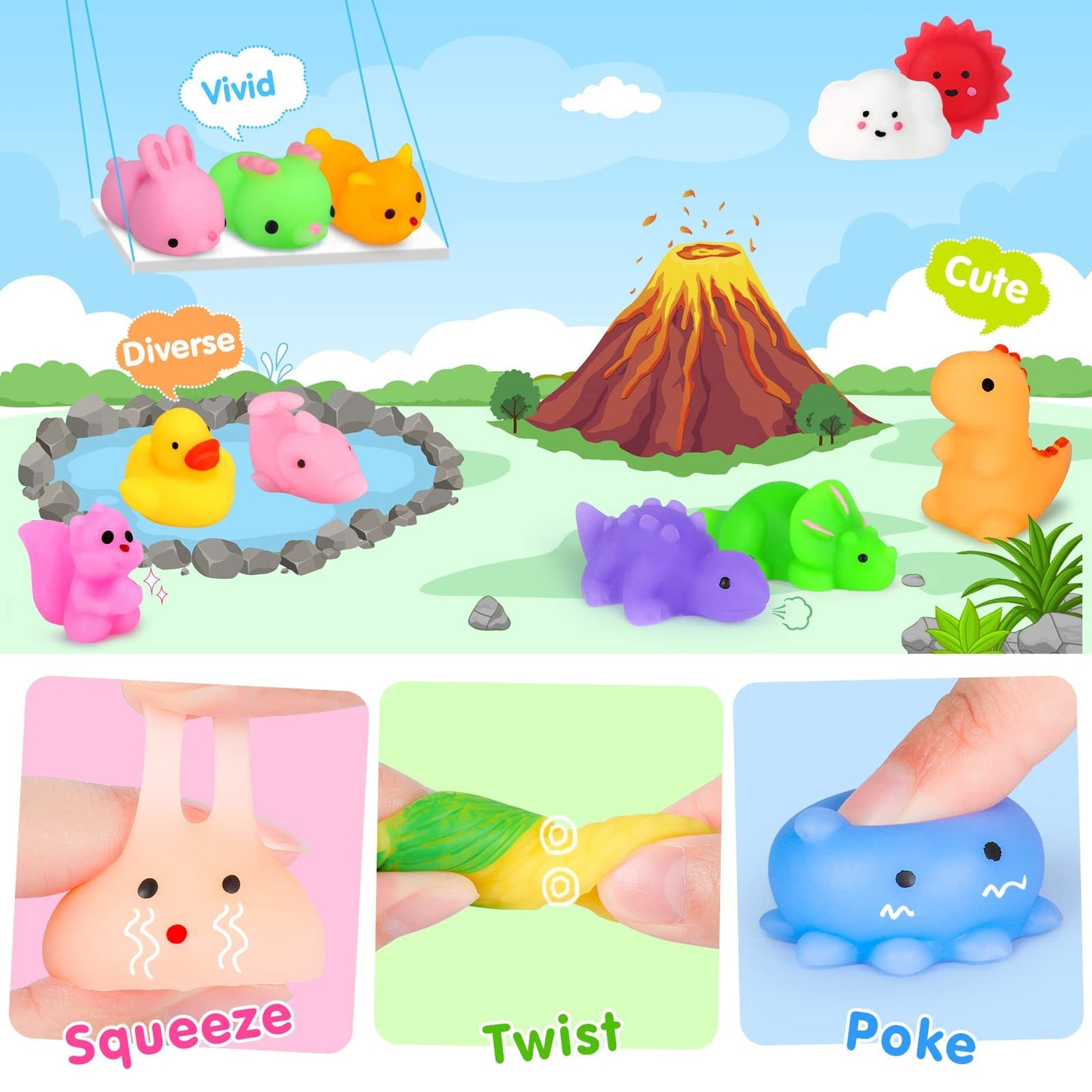 HINZER 130PCS Mochi Squishy Toys – Cute Dino & Animal Mini Squishies for Parties, Classroom Prizes & Stress Relief