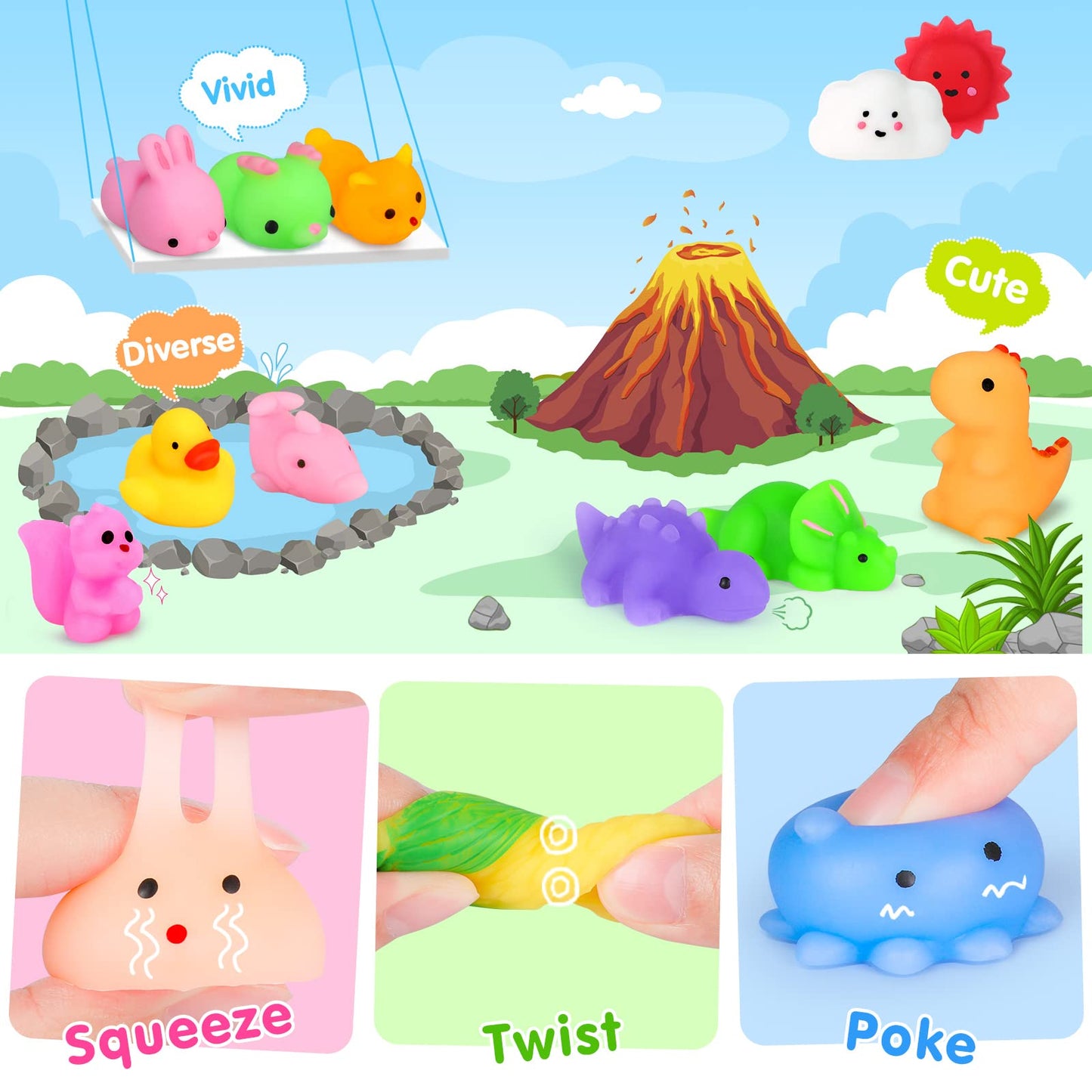 HINZER 130PCS Mochi Squishy Toys – Cute Dino & Animal Mini Squishies for Parties, Classroom Prizes & Stress Relief