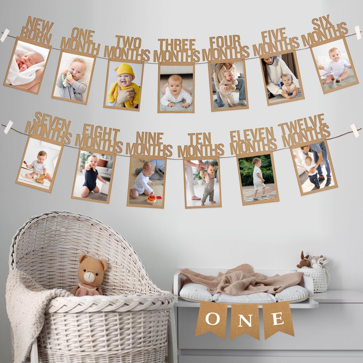 HiParty 1st Birthday Photo Banner Kit: Milestone Frames (Newborn–12 Months) + ONE Banner