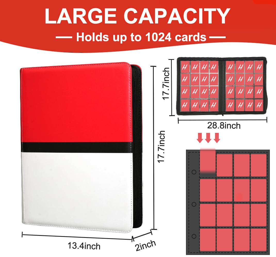 Hipoocok 1024-Pocket Card Binder | 16-Pocket PU Leather Zipper Album, Red & White