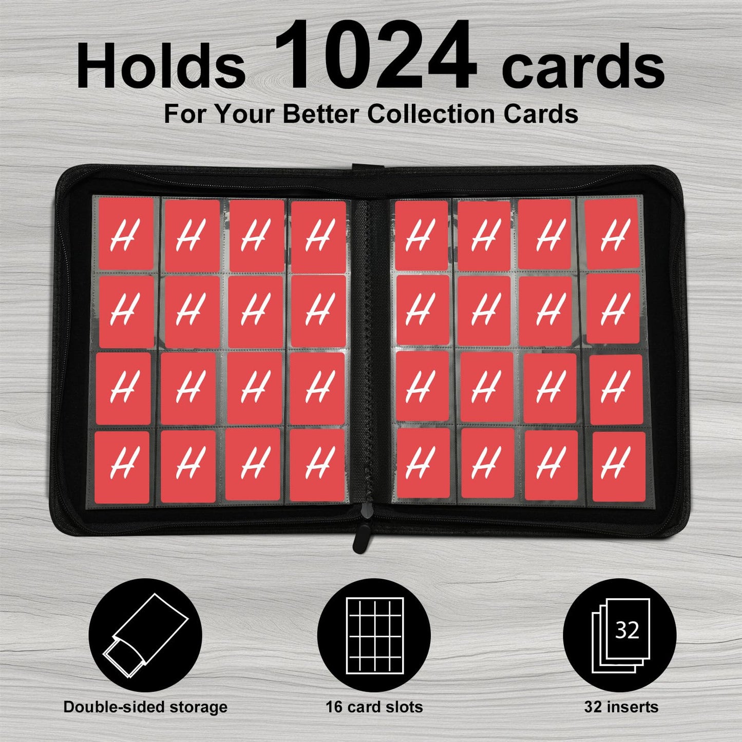 Hipoocok 1024-Pocket Card Binder | 16-Pocket PU Leather Zipper Album, Red & White