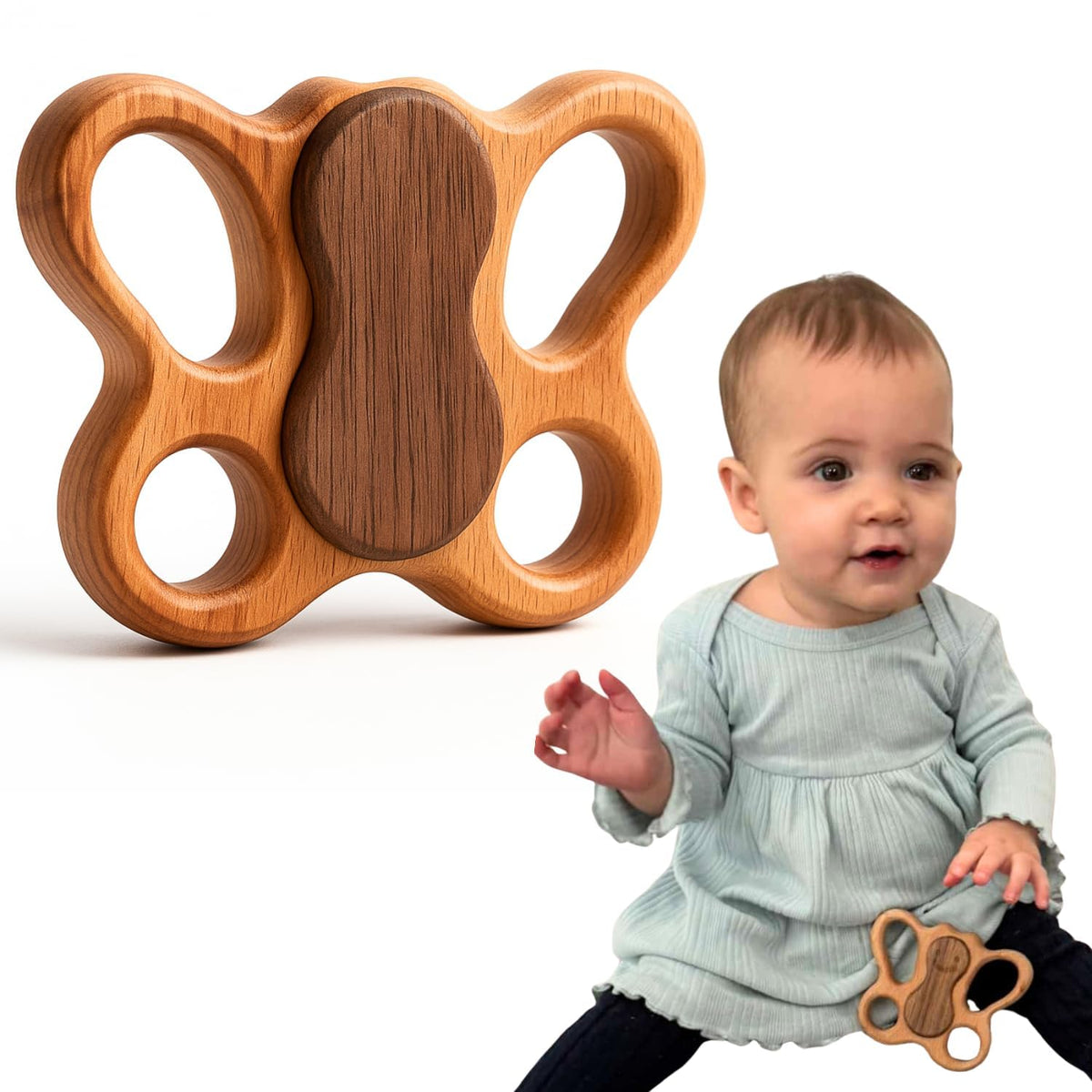 HIPPO TOYS Baby Rattle Teether – 100% Beechwood, No BPA, Montessori Wooden Toy Gift
