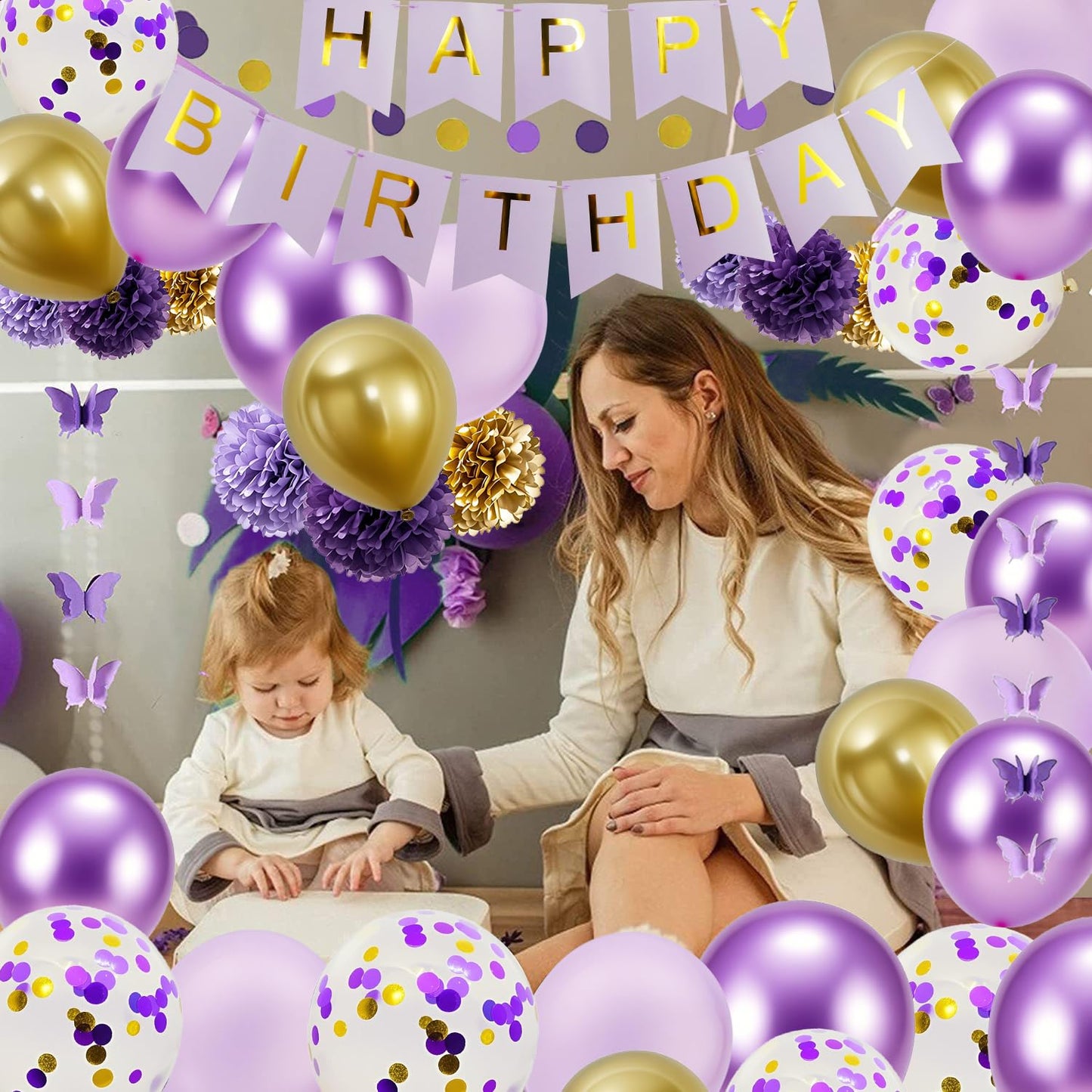 HipTree 40pcs Purple Gold Birthday Party Decorations – Banner, Balloons & More