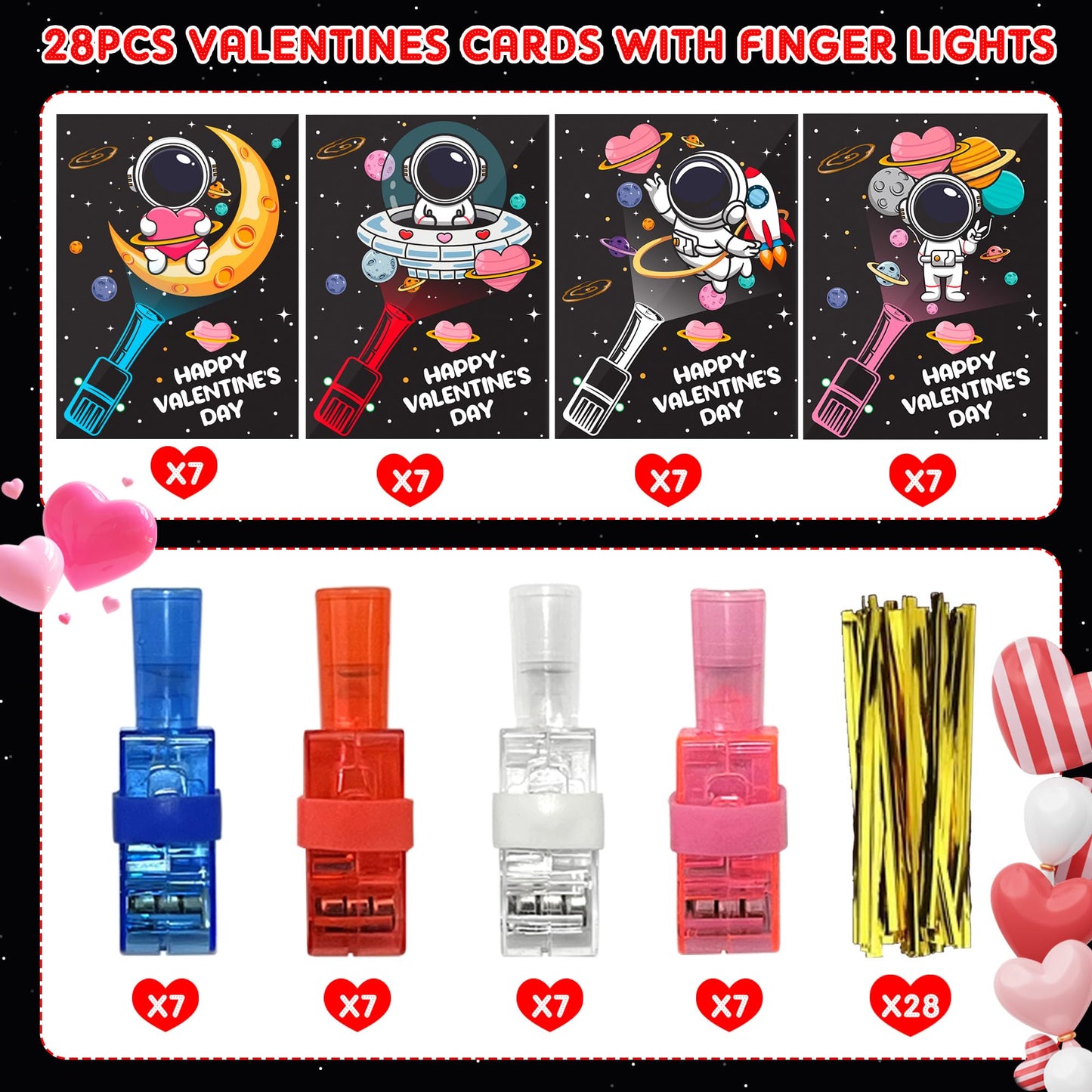 HIPYGYM 28-Pack LED Finger Lights Valentines Cards for Kids – Classroom Gifts