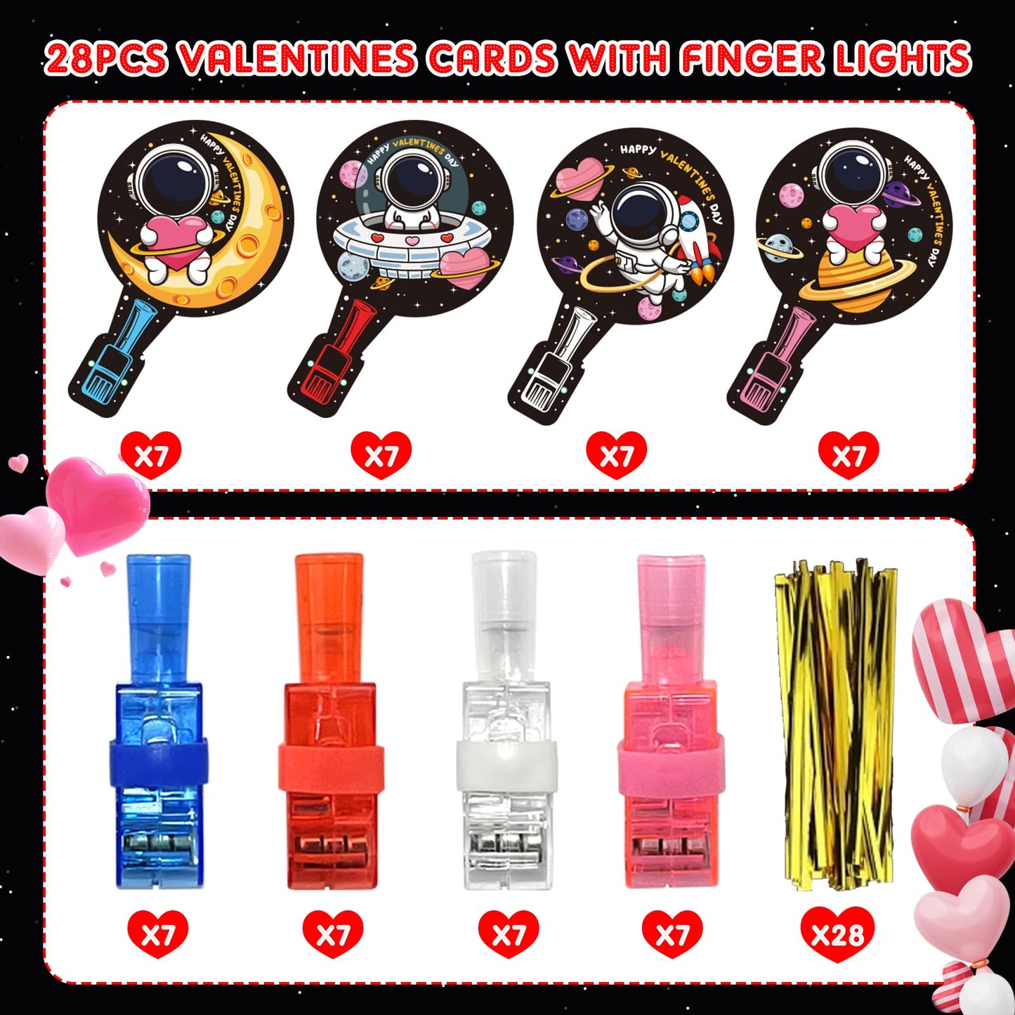 HIPYGYM 28-Pack Valentines Day Cards with LED Finger Lights for Kids – Classroom Gifts & Party Favors