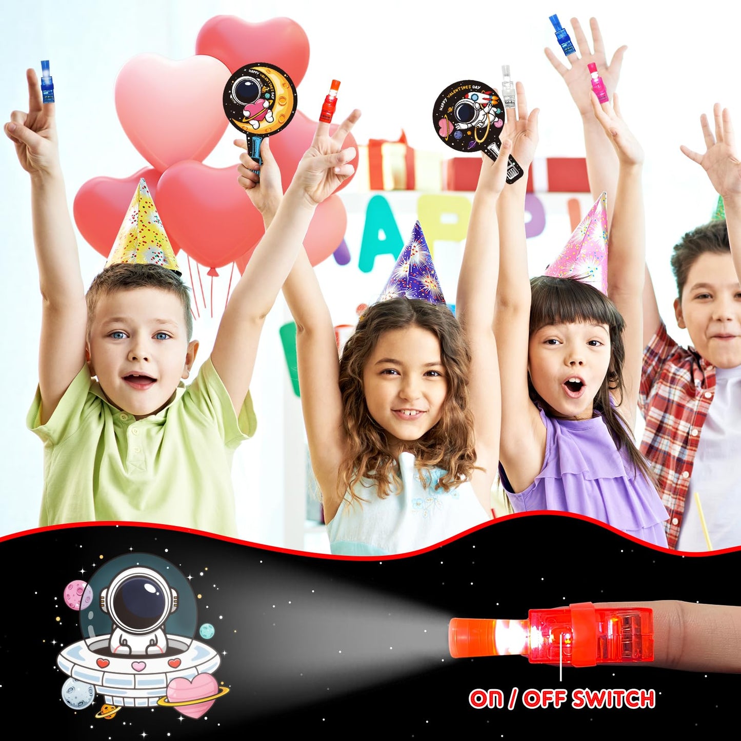 HIPYGYM 28-Pack Valentines Day Cards with LED Finger Lights for Kids – Classroom Gifts & Party Favors