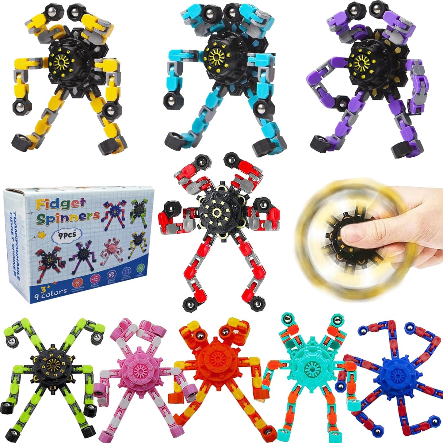 HiQCGS Transformable Fidget Spinners 9-Pack – Sensory Toys for ADHD & Anxiety