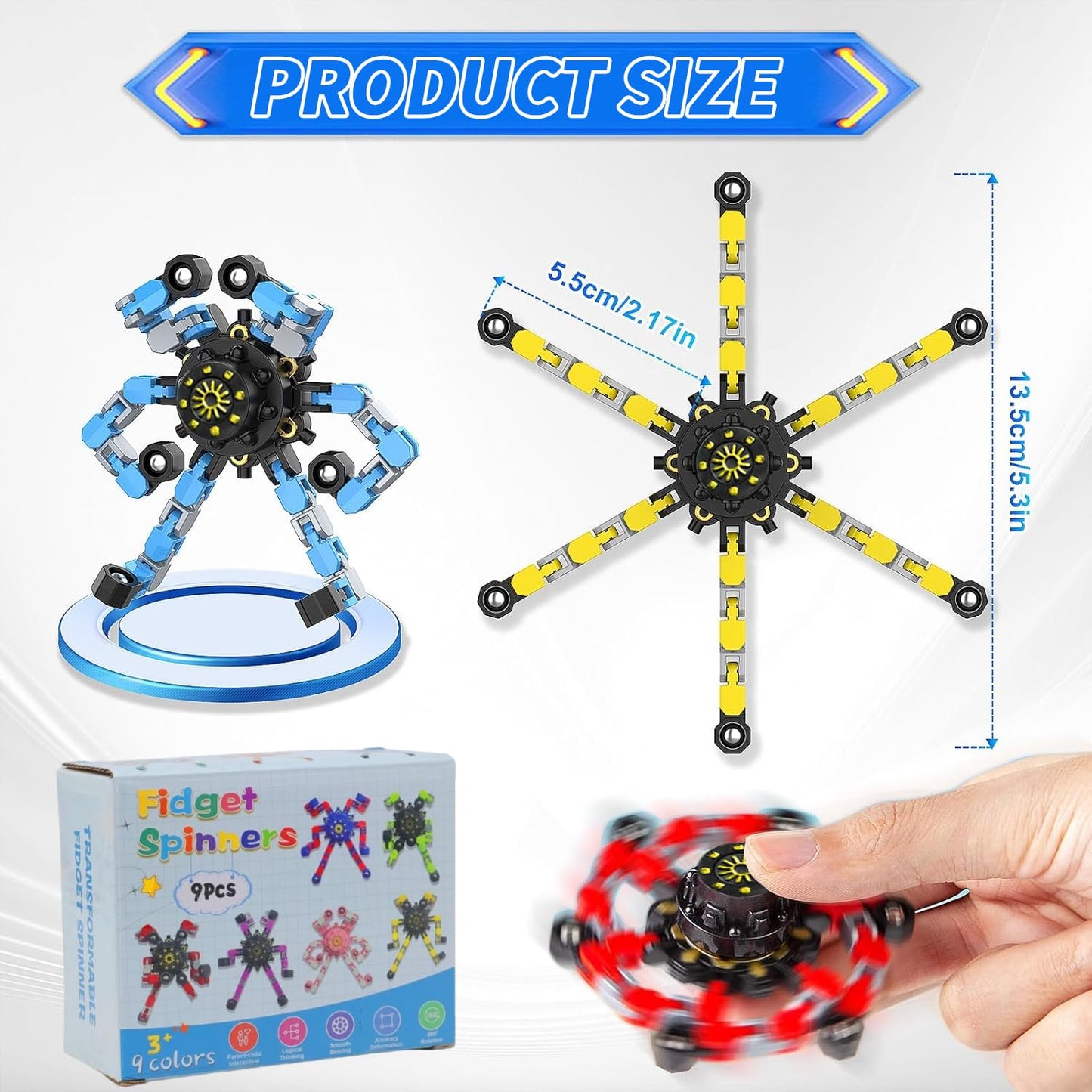 HiQCGS Transformable Fidget Spinners 9-Pack – Sensory Toys for ADHD & Anxiety