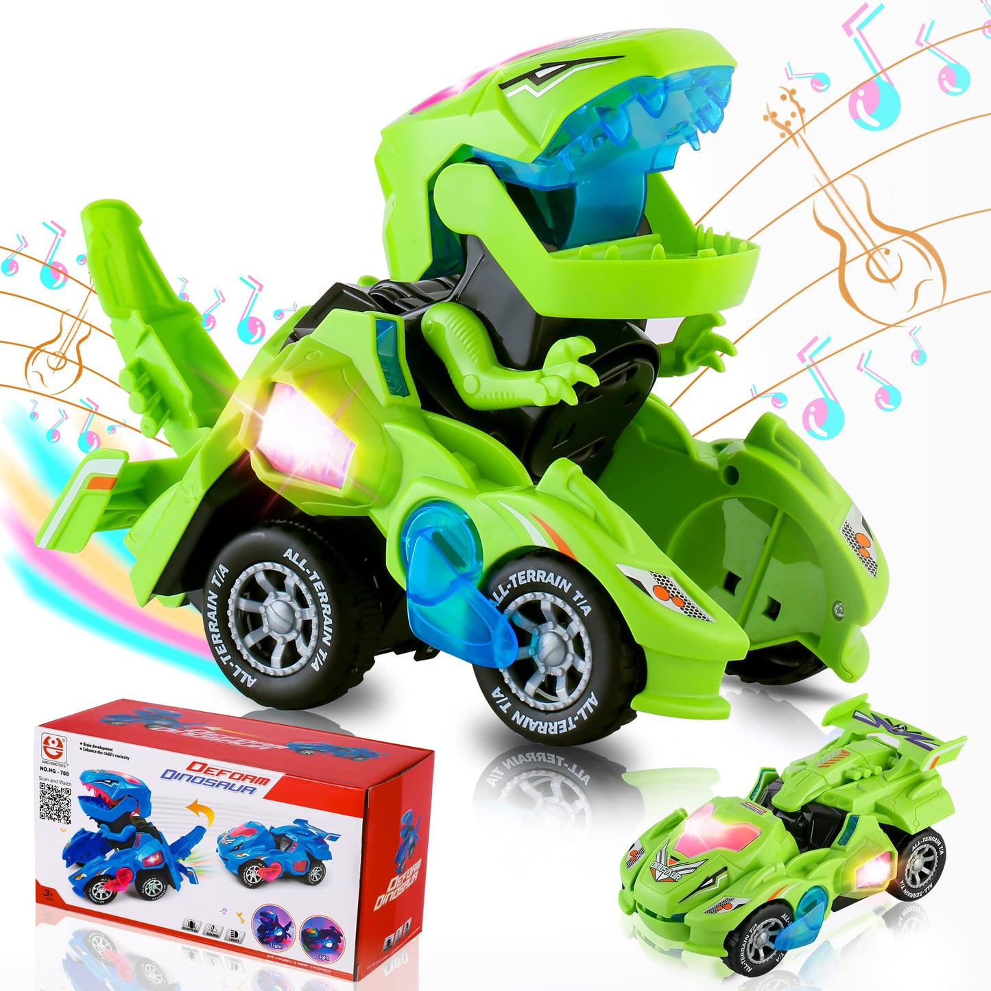 Hirger Transforming Dinosaur Car Toy – 2-in-1 Auto Transformer with Lights & Sound