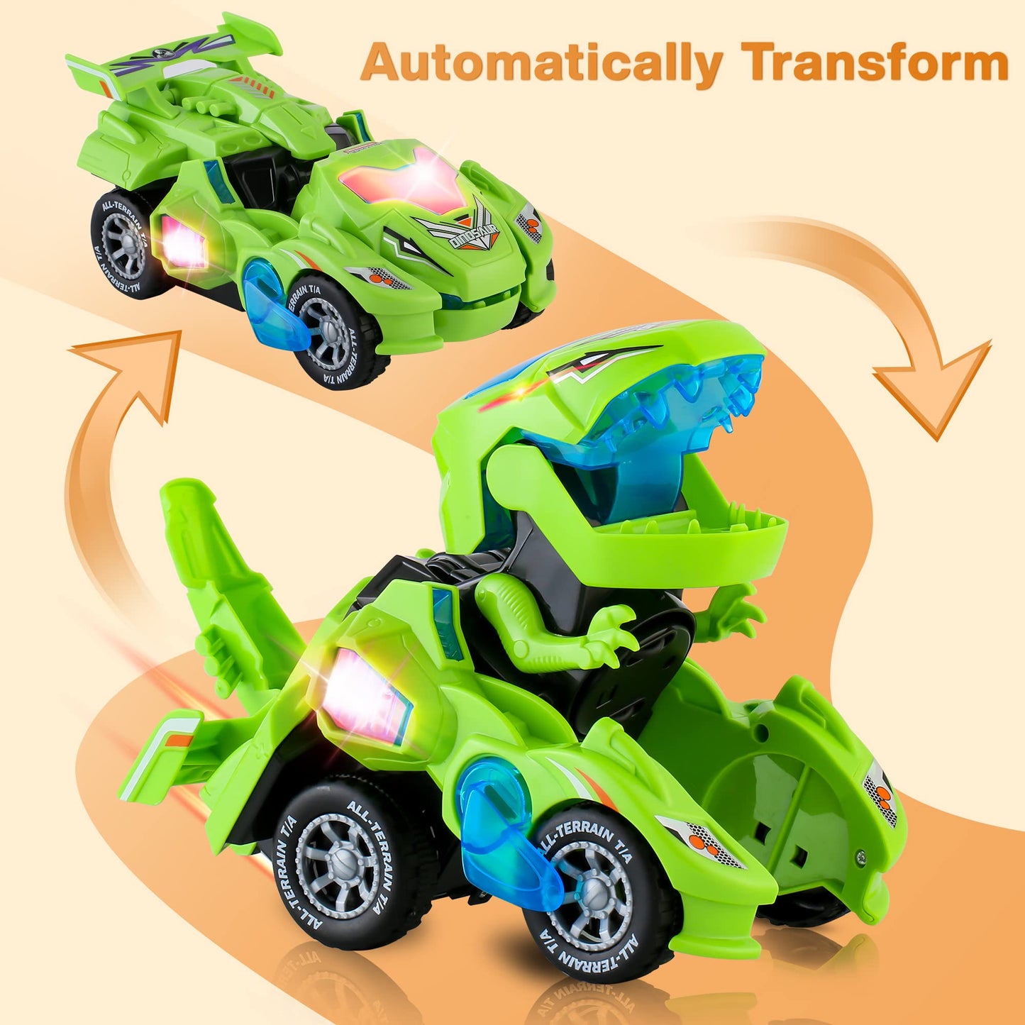 Hirger Transforming Dinosaur Car Toy – 2-in-1 Auto Transformer with Lights & Sound