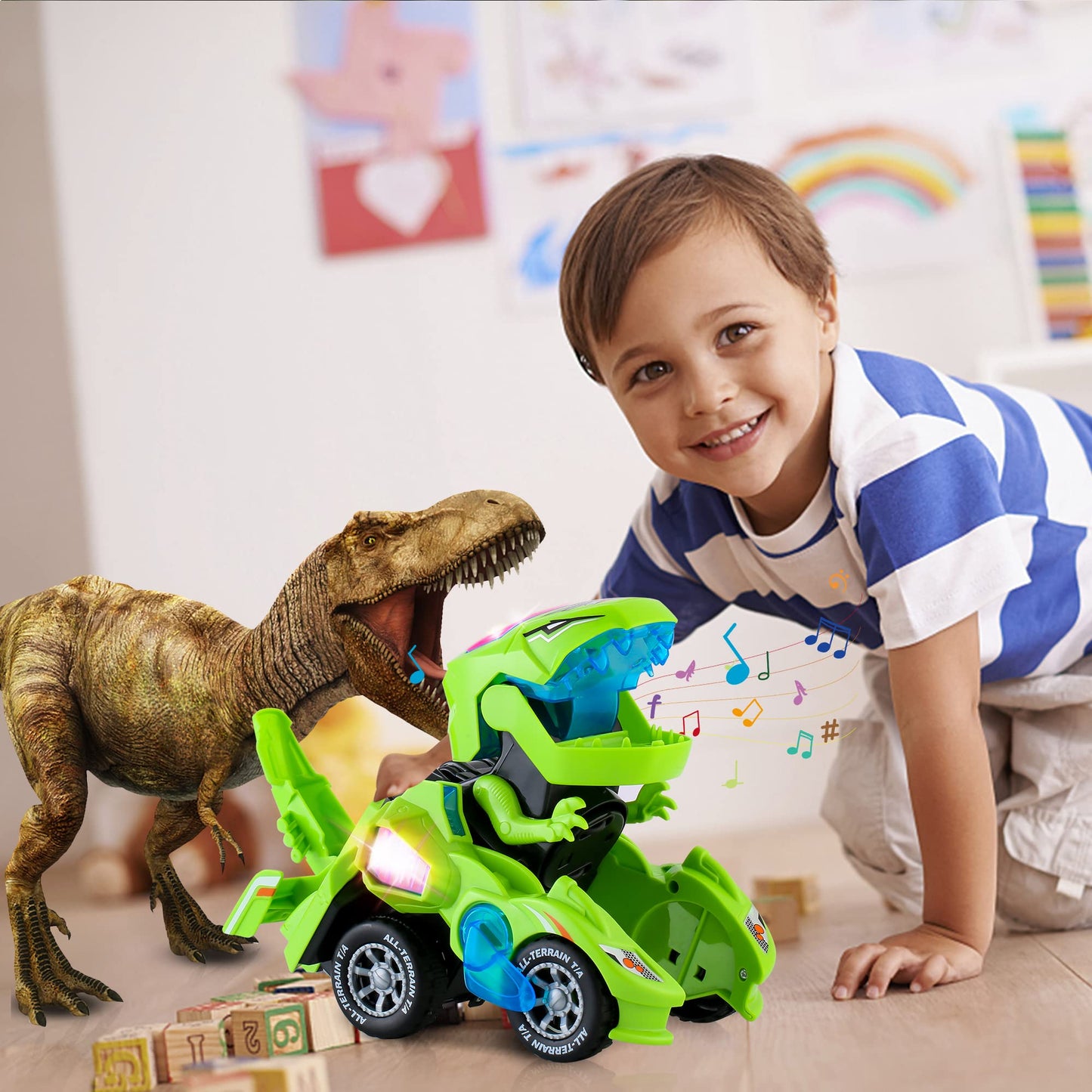 Hirger Transforming Dinosaur Car Toy – 2-in-1 Auto Transformer with Lights & Sound
