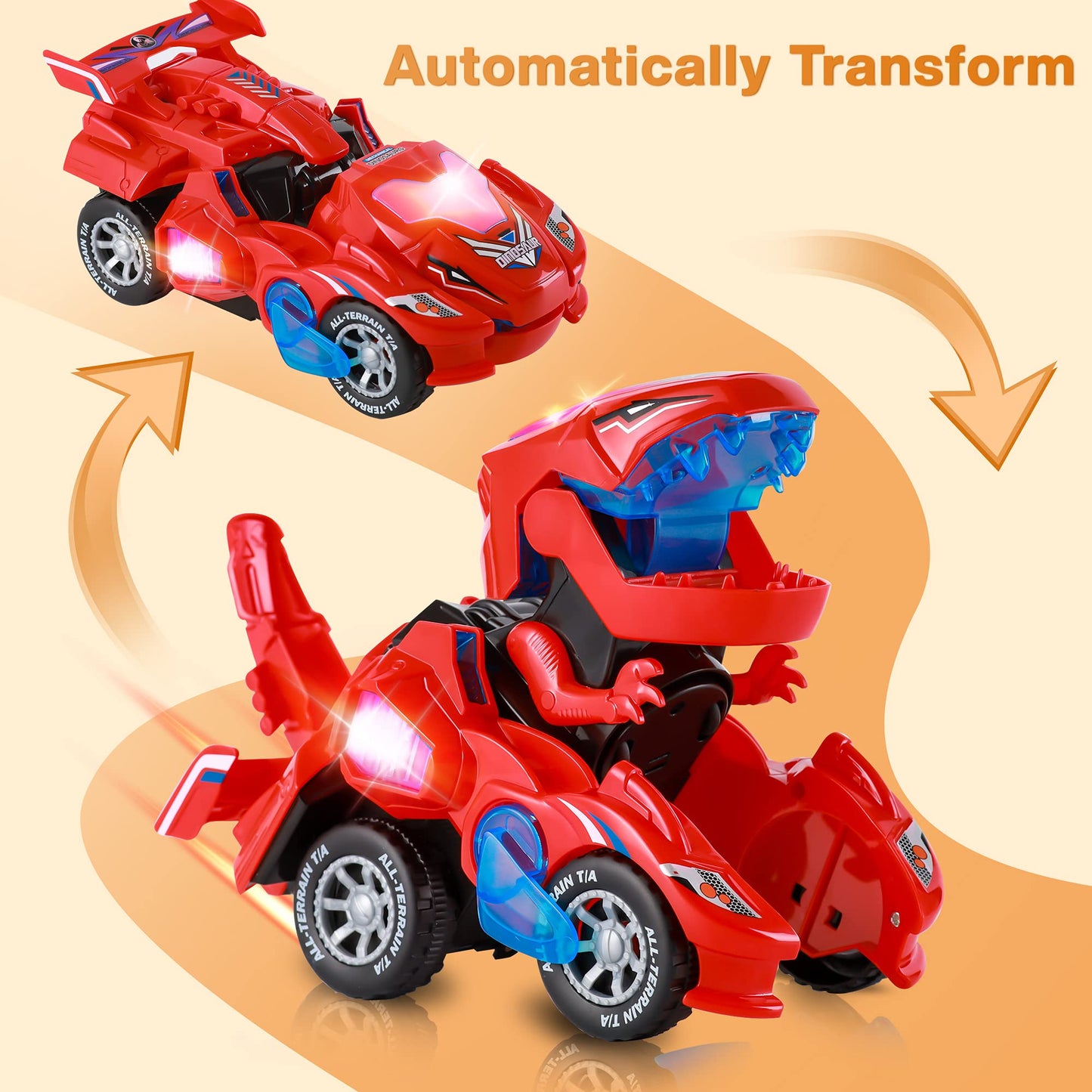 Hirger Transforming Dinosaur Car Toy – 2-in-1 Auto Transformer with LED Lights & Sound