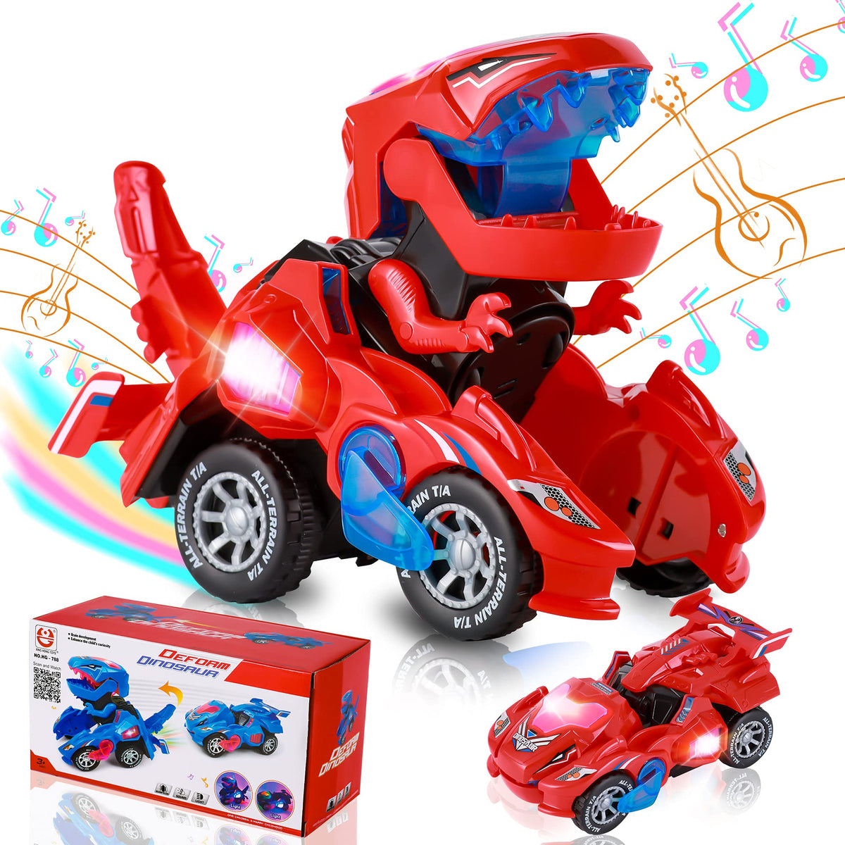 Hirger Transforming Dinosaur Car Toy – 2-in-1 Auto Transformer with LED Lights & Sound